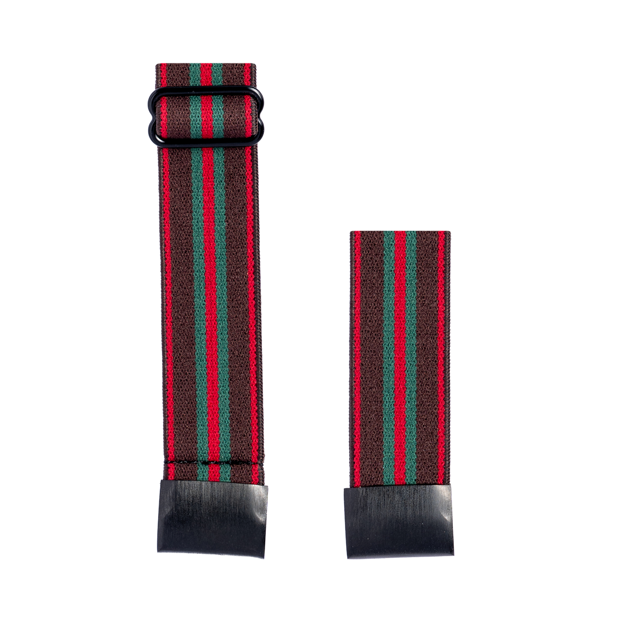 Striped textile watch strap with red, green and charcoal vertical stripes, black hardware and quick-release pins for easy swapping