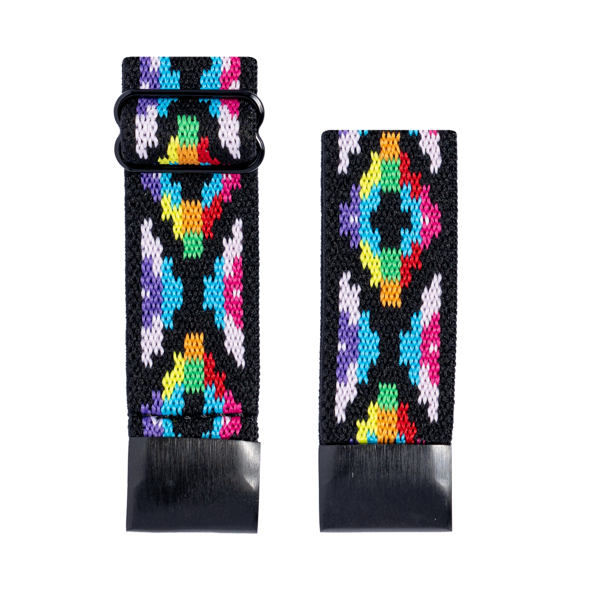 Colorful woven watch straps with diamond pattern in rainbow colors on black background, quick-release design with metal hardware