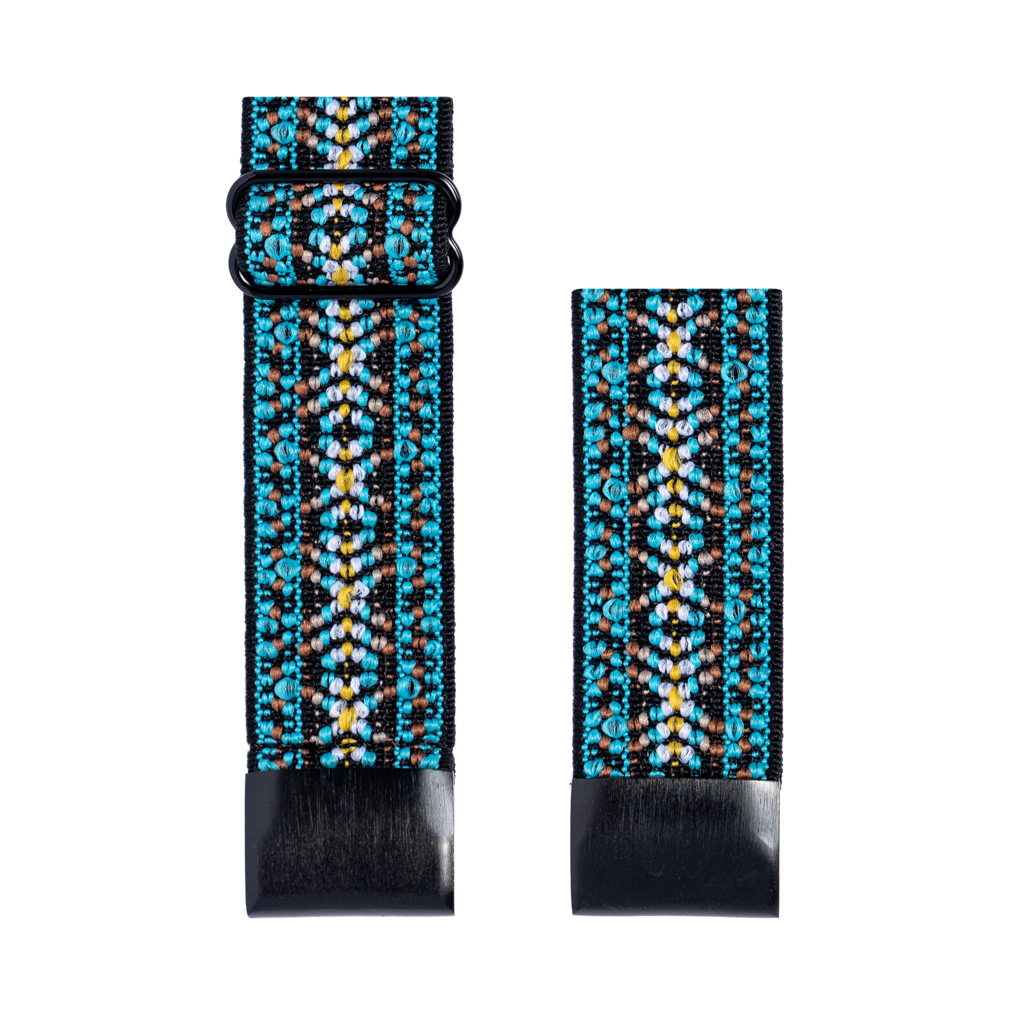 Turquoise beaded QuickFit Gaucho Weave watch strap with black leather tabs and geometric pattern