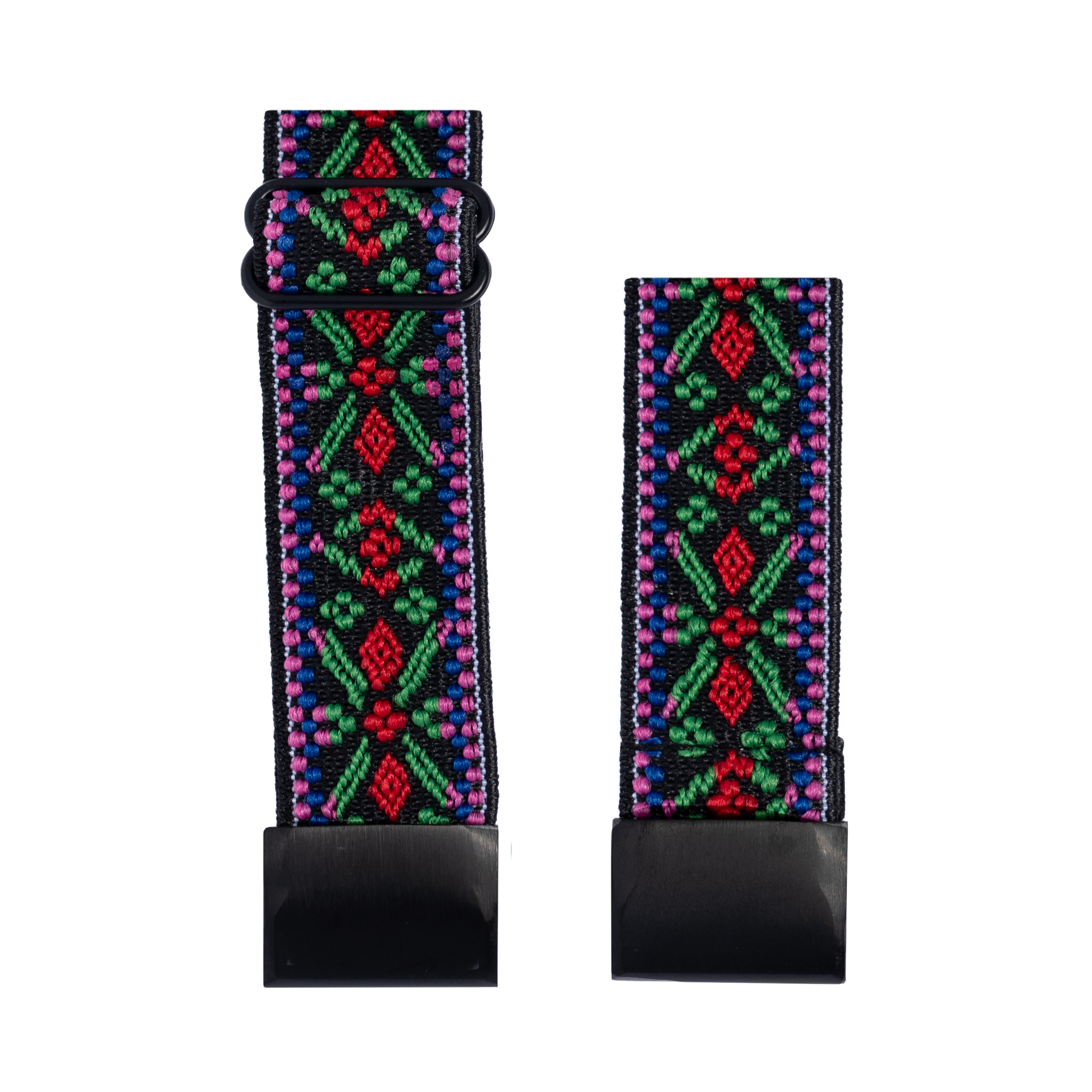 Colorful geometric patterned fabric watch band with red diamonds, green leaves, and pink accents on black base with black buckle