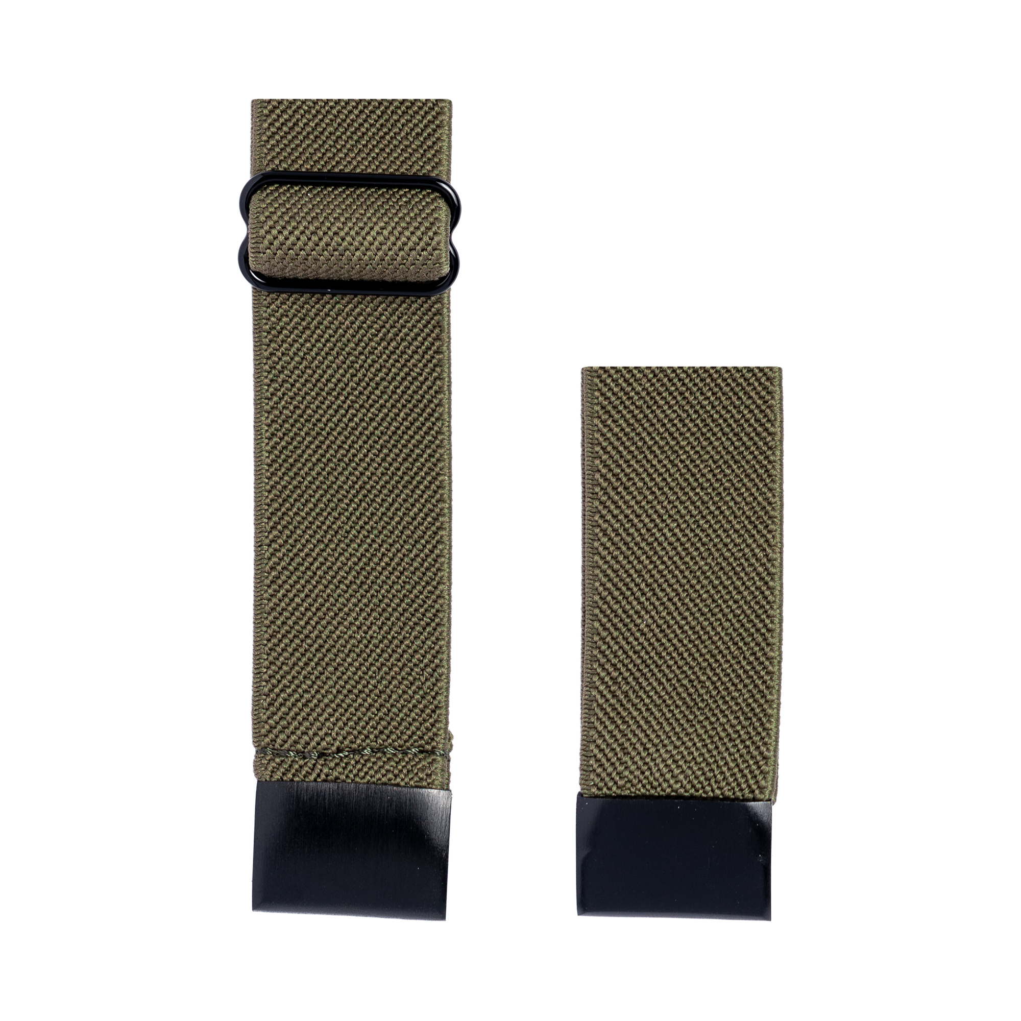 Olive green weave elastic fabric watch bands with black buckle and leather tabs, two sizes shown