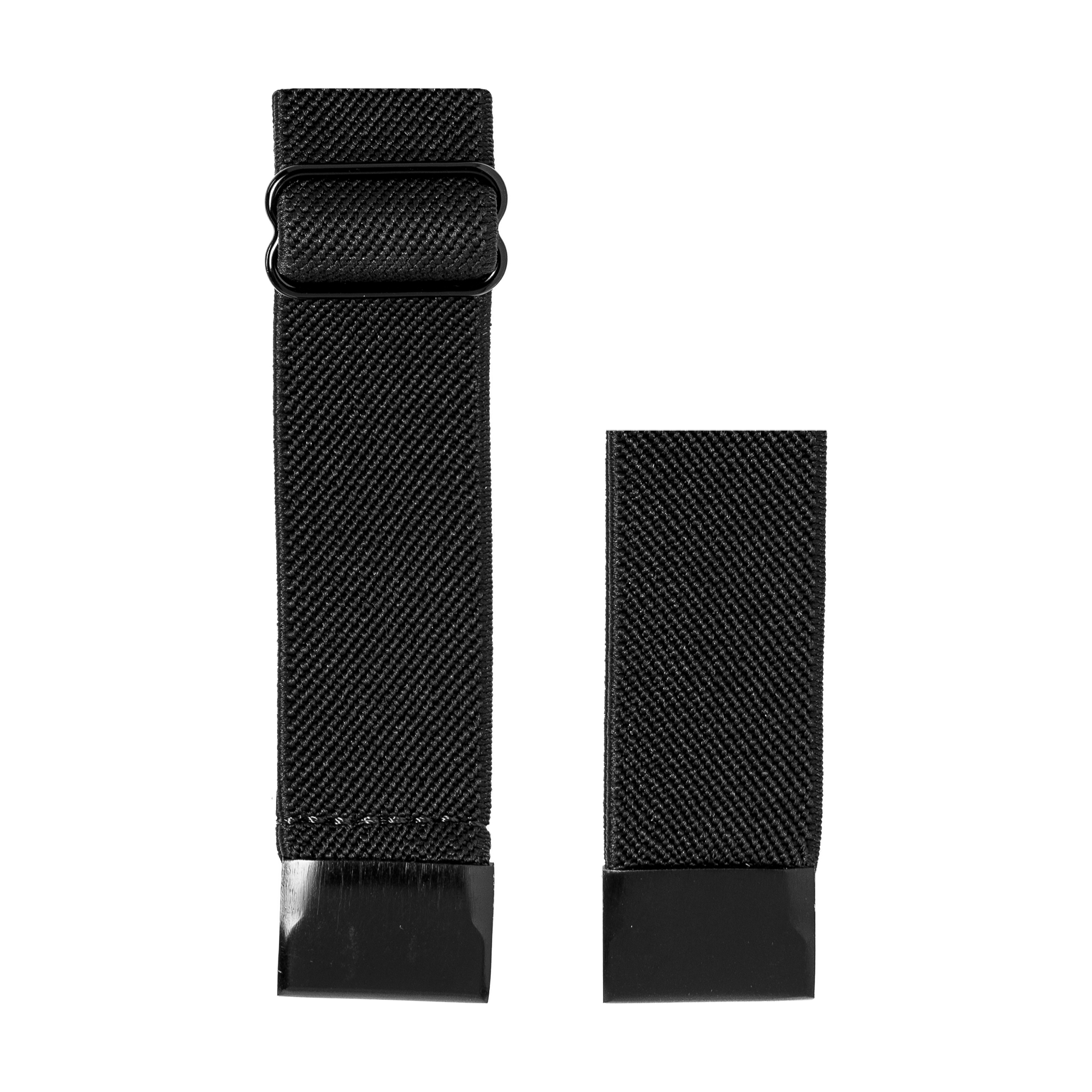 Black woven elastic watch band with quick-fit connector and removable end link shown in two sizes