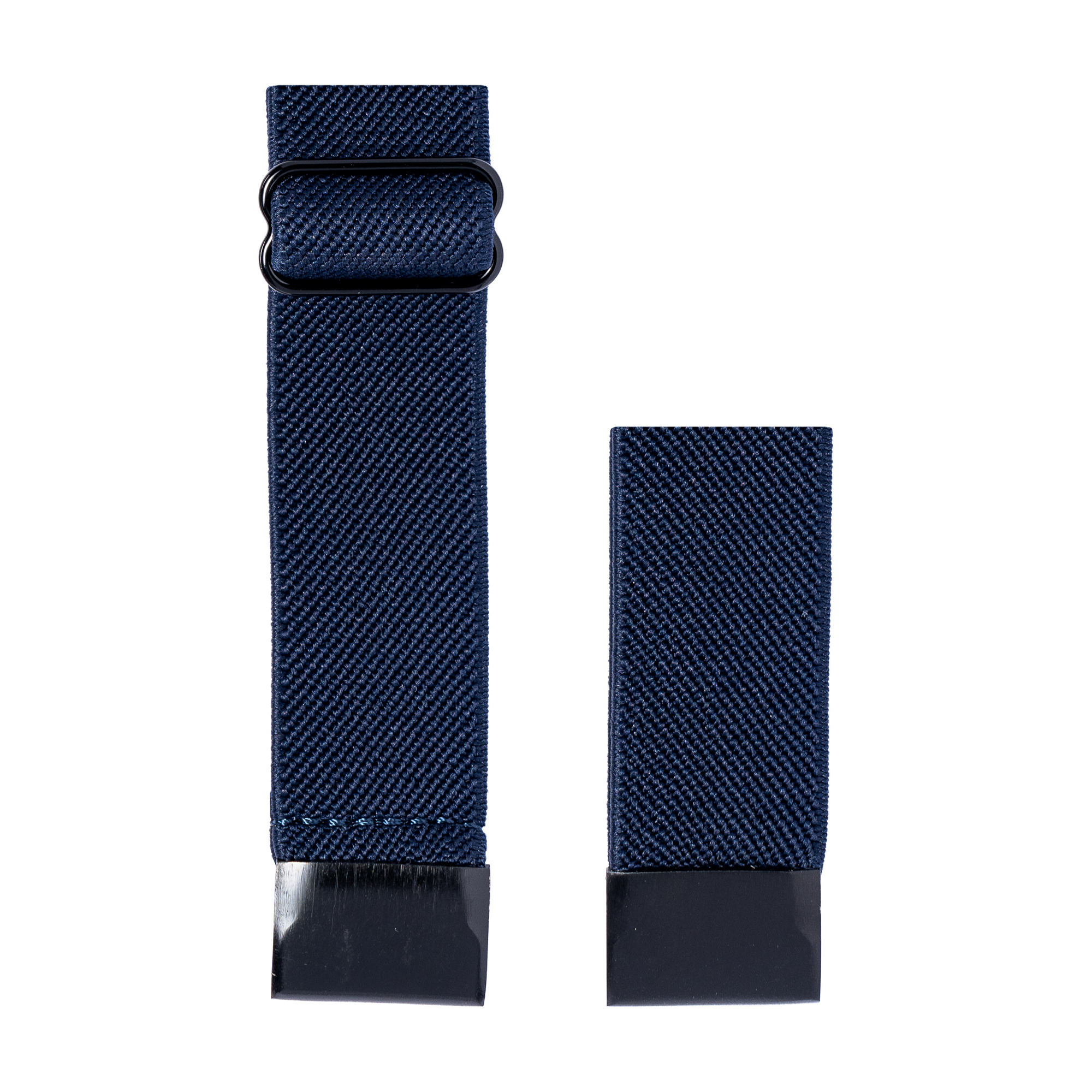 Navy blue woven elastic watch bands with black hardware and end adapters, two sizes shown