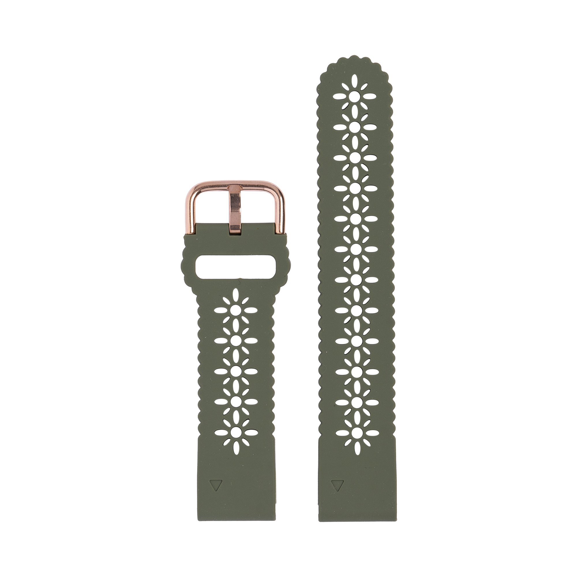 Sage green silicone watch band with white floral cutout pattern and rose gold buckle hardware, 20mm quick-fit strap