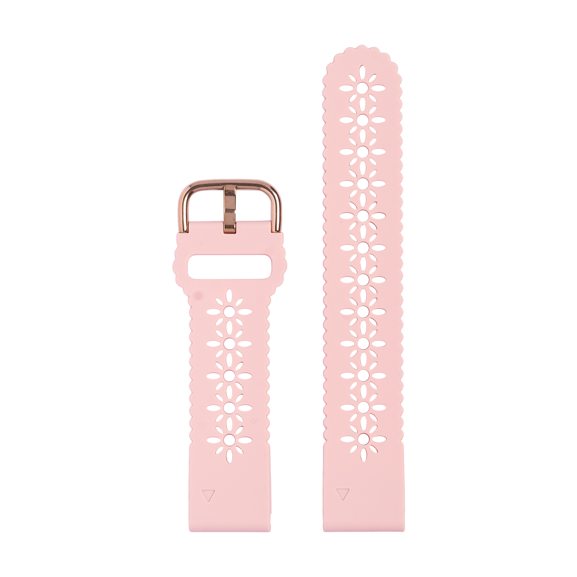 Pink silicone watch band with floral cutout pattern and rose gold buckle hardware, QuickFit 20mm