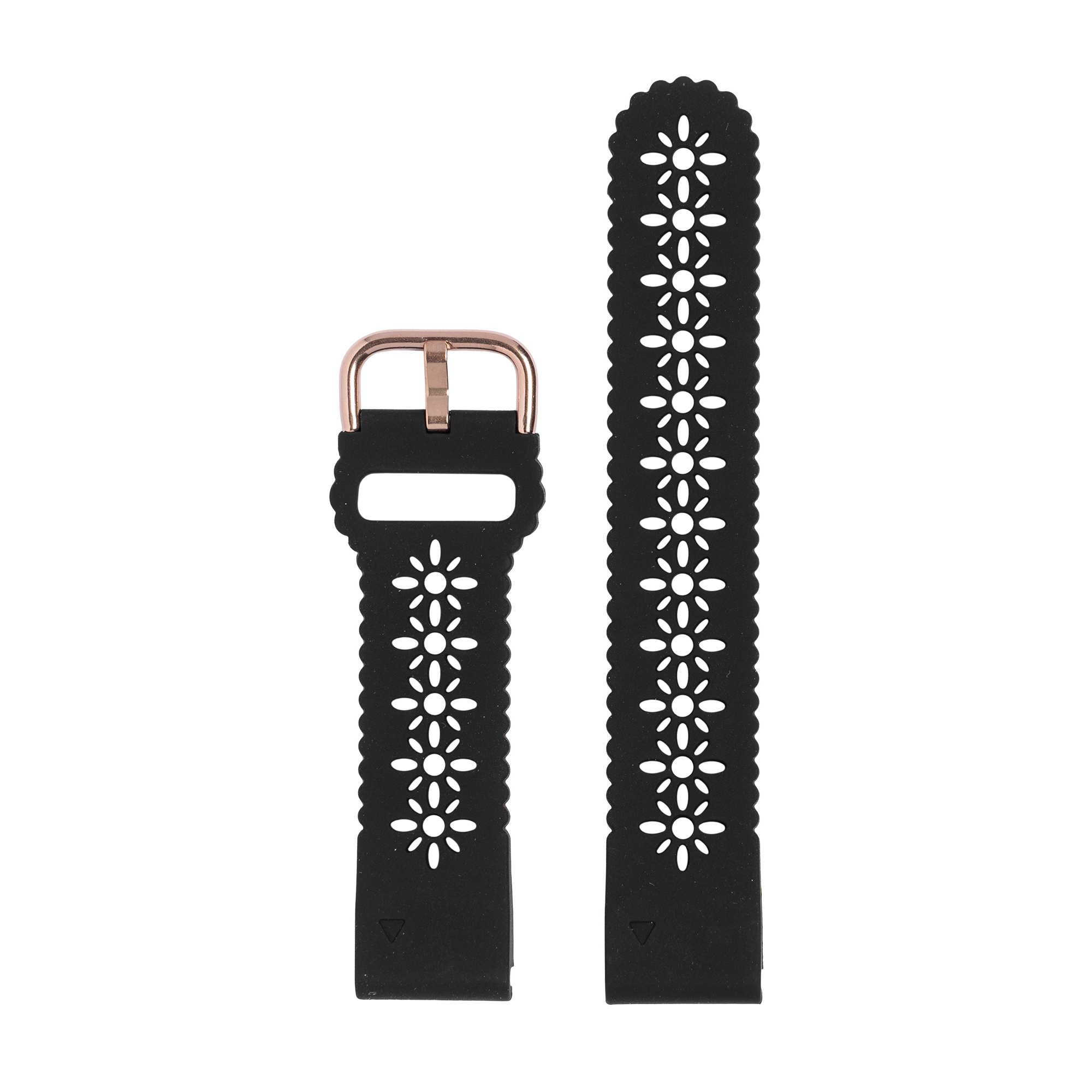 Black silicone watch band with floral cutout pattern and rose gold buckle hardware, quick-fit 20mm