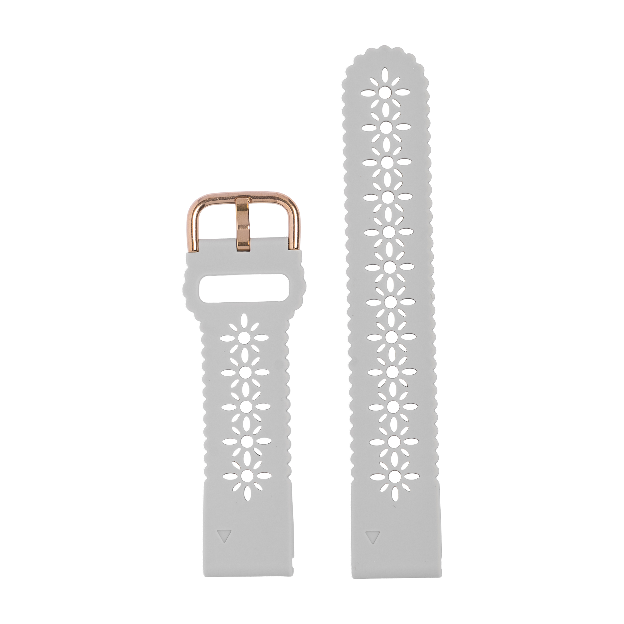 Gray silicone QuickFit watch band with floral cutout pattern and rose gold buckle hardware