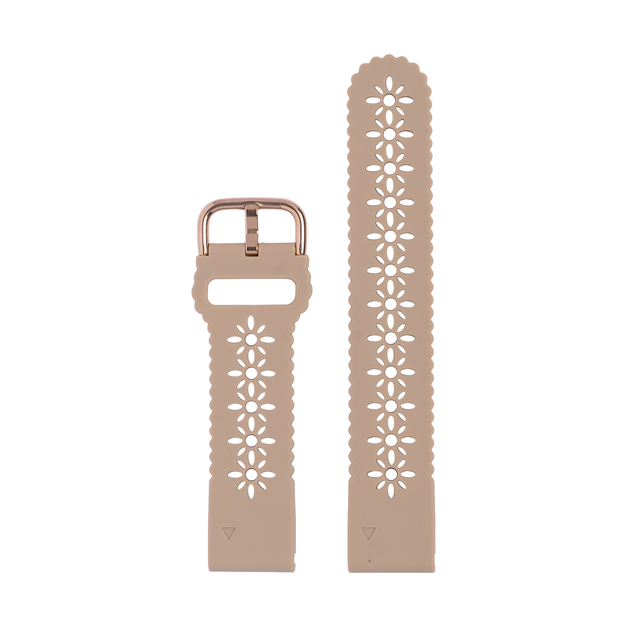 Beige silicone watch band with white floral cutout pattern and rose gold buckle hardware, QuickFit 20mm