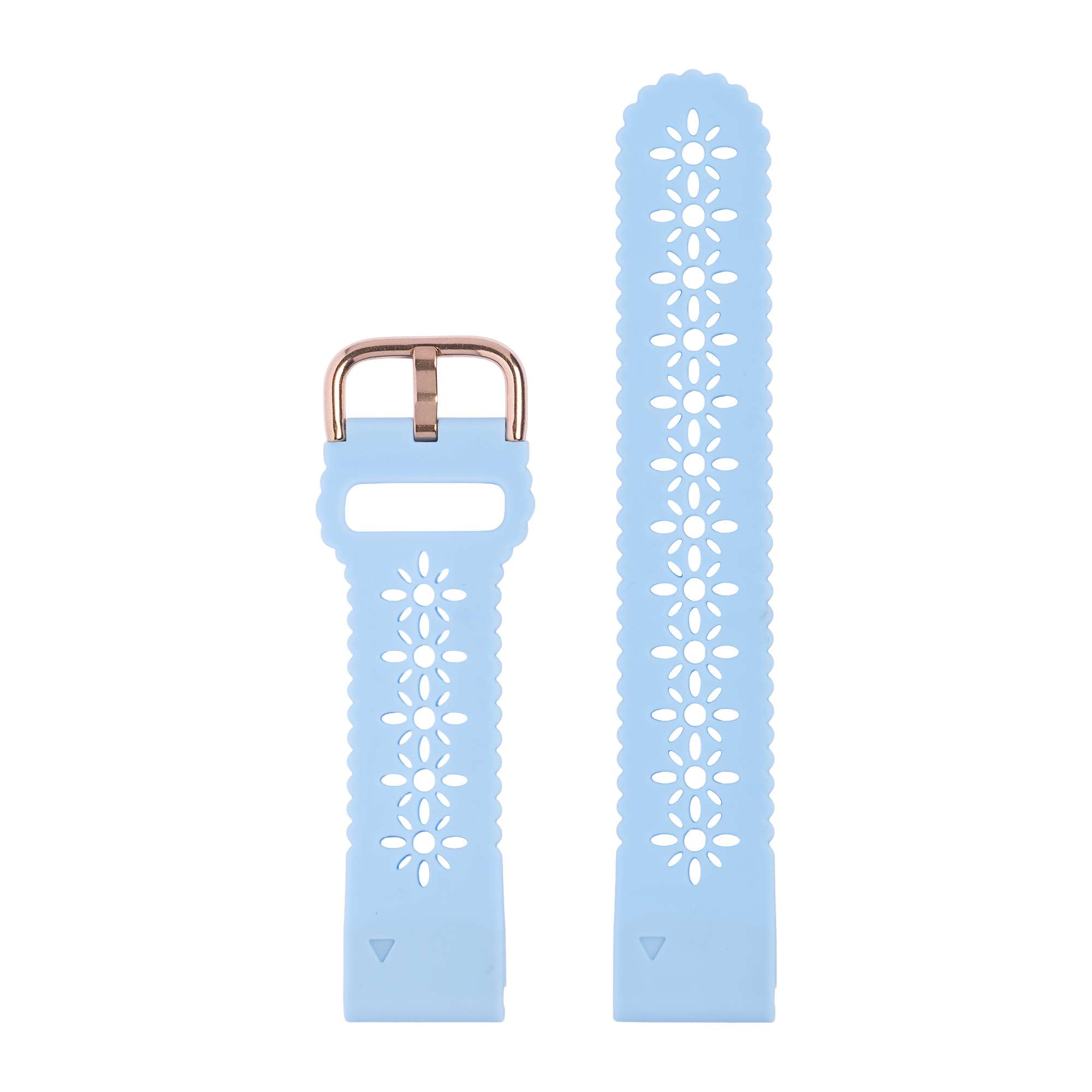 Light blue silicone watch band with laser-cut daisy flower pattern and rose gold buckle hardware