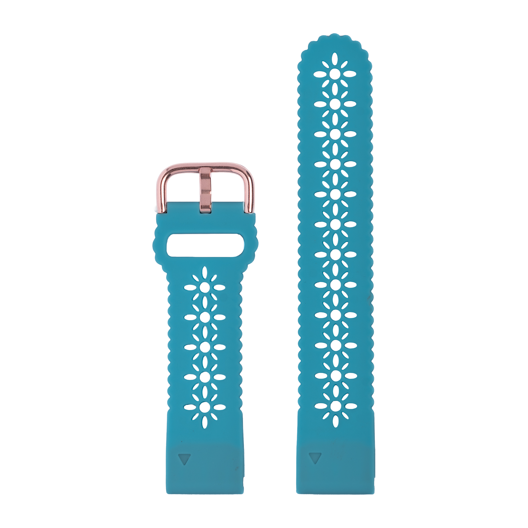 Teal silicone watch band with white floral daisy cutout pattern, rose gold buckle hardware, QuickFit 20mm size