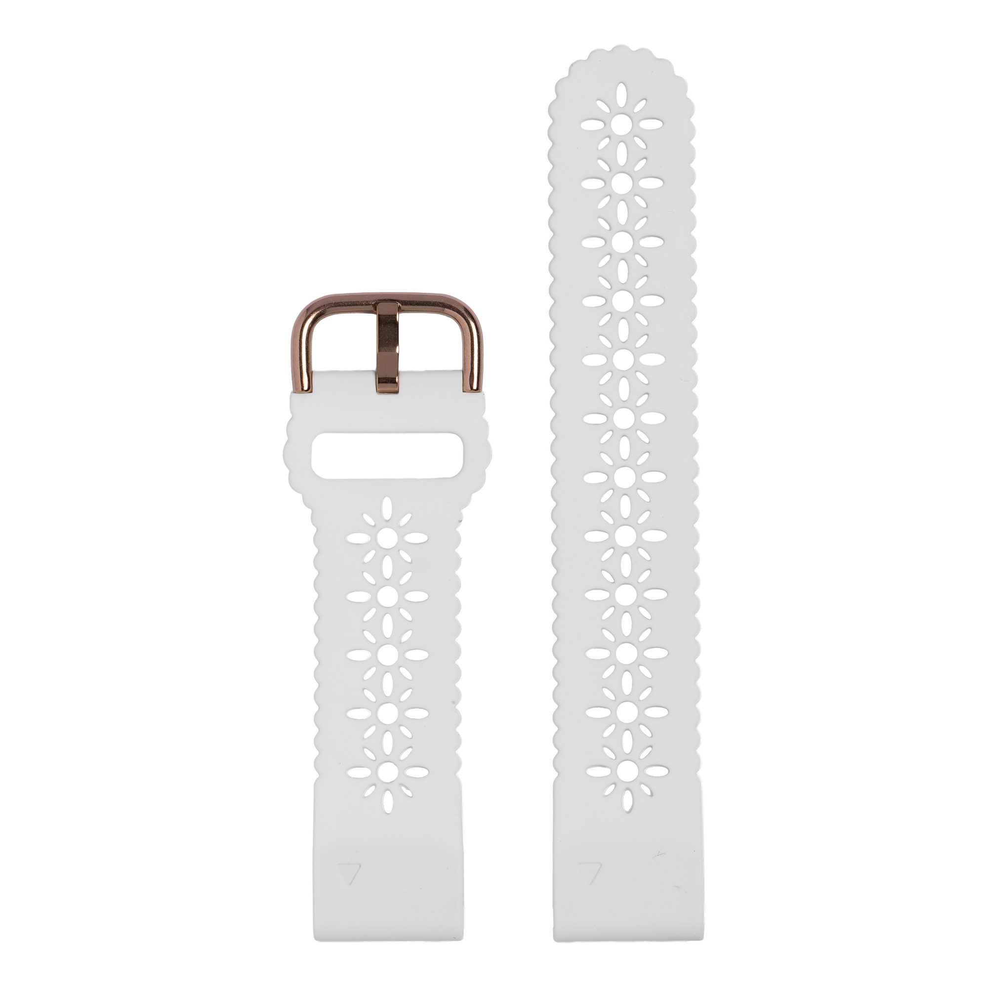 White silicone QuickFit 20mm watch band with floral daisy cutout pattern and rose gold hardware buckle