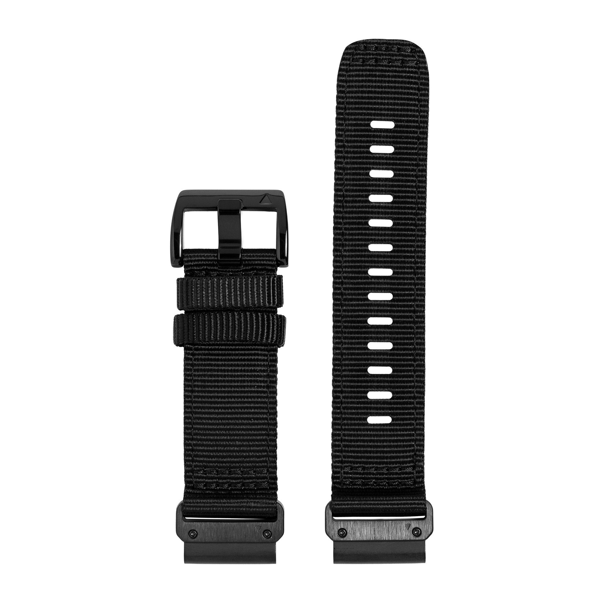 Black nylon QuickFit watch strap with hardware, shown folded and extended view, military-style tactical band with quick-release system