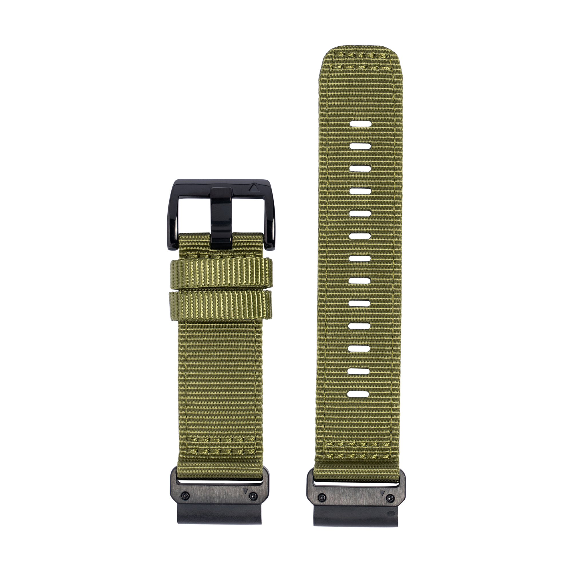Olive green nylon QuickFit watch band with black buckle, shown assembled and disassembled with quick-release connectors
