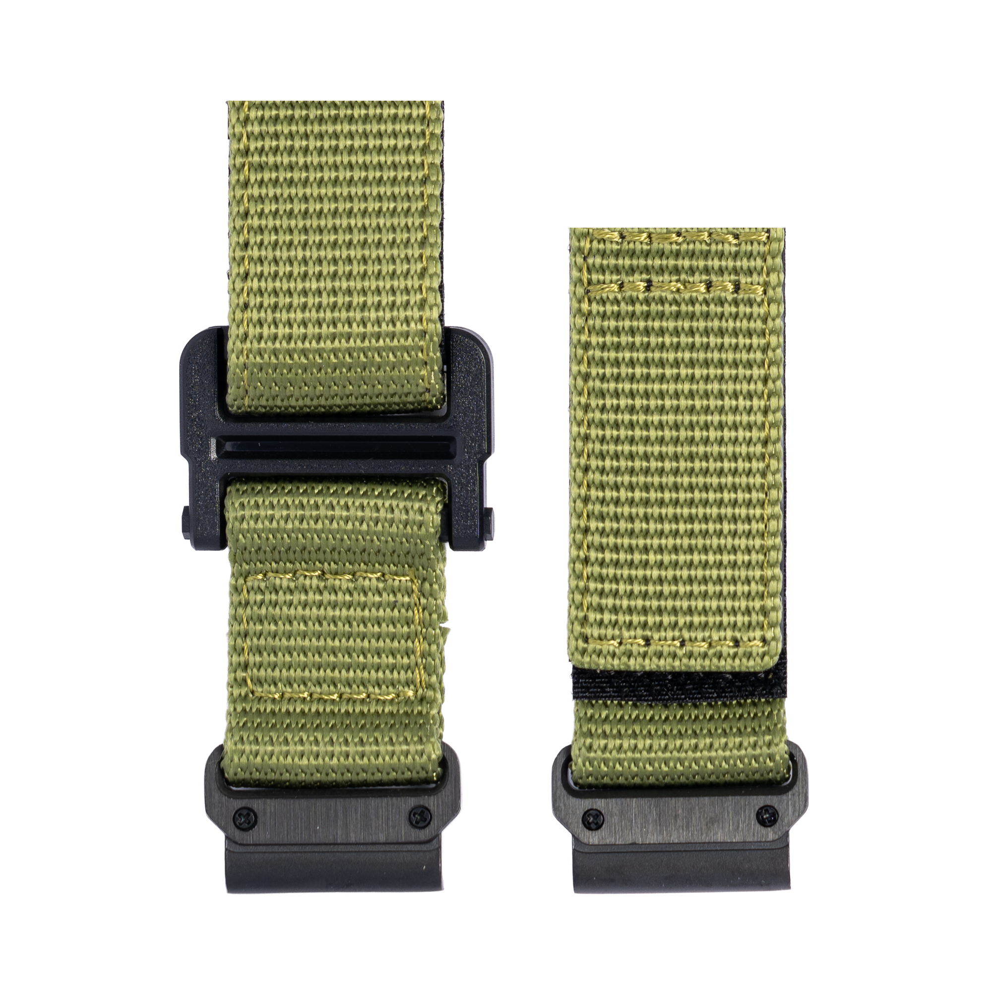 Olive green fabric watch straps with black plastic QuickFit connectors and velcro fastening, two sizes shown