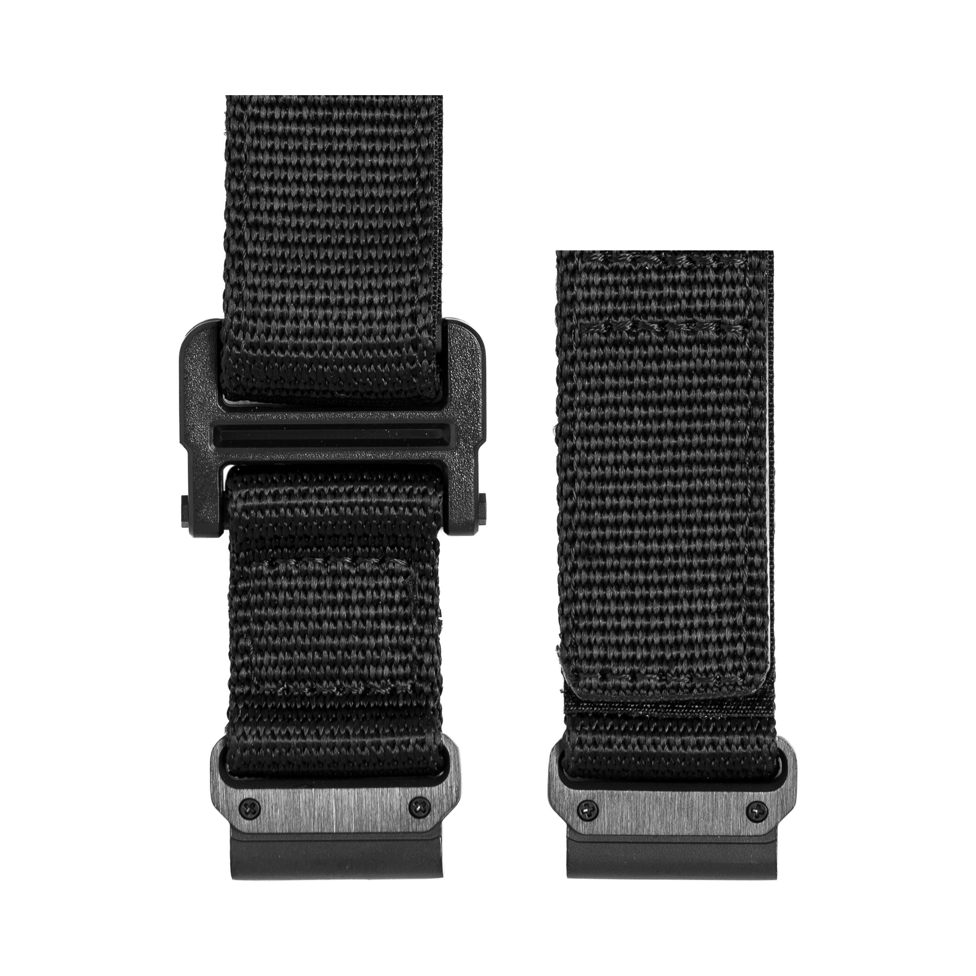 Black nylon QuickFit watch bands with velcro closure and metal hardware, two sizes displayed