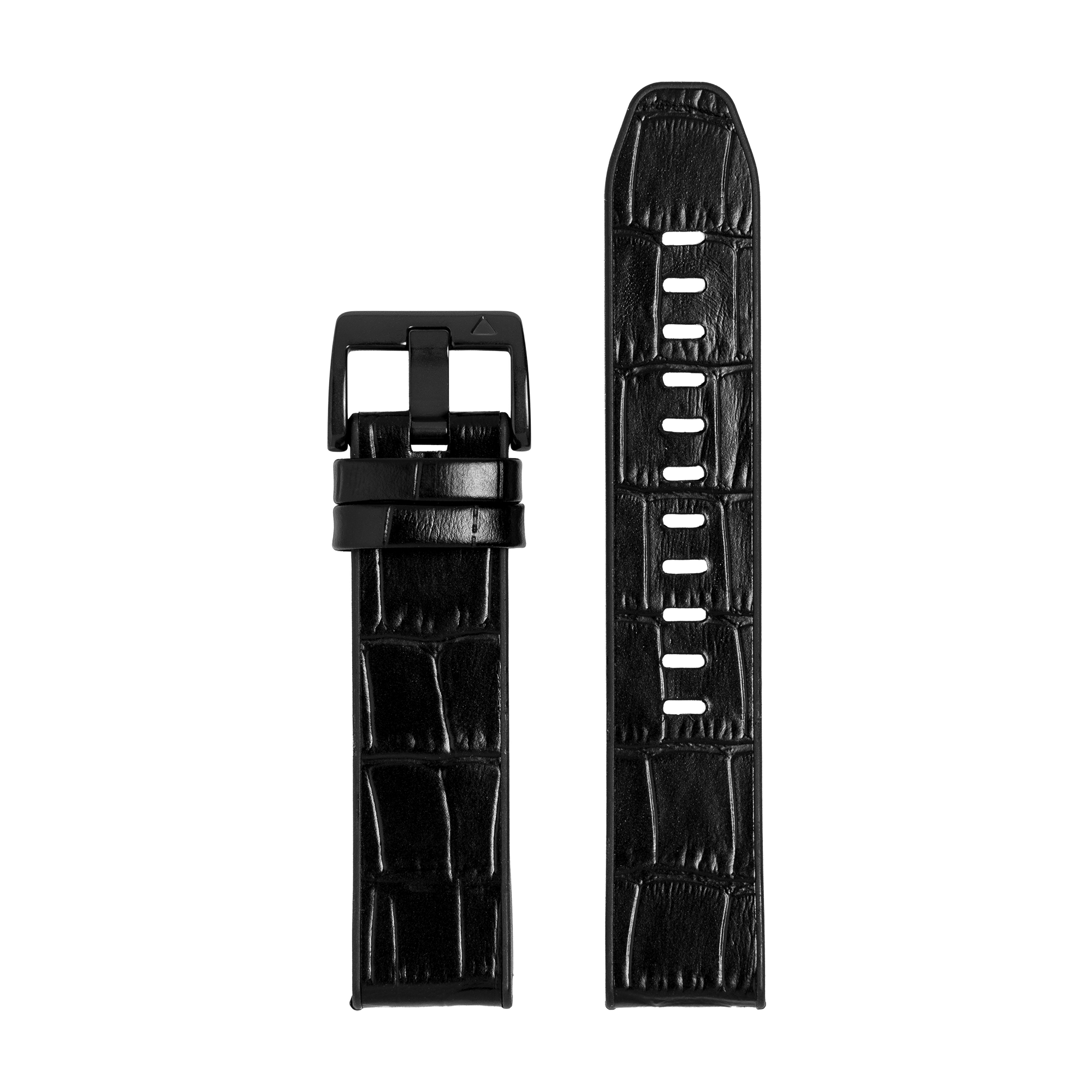 Black alligator leather hybrid watch band with quick-fit system and stainless steel buckle