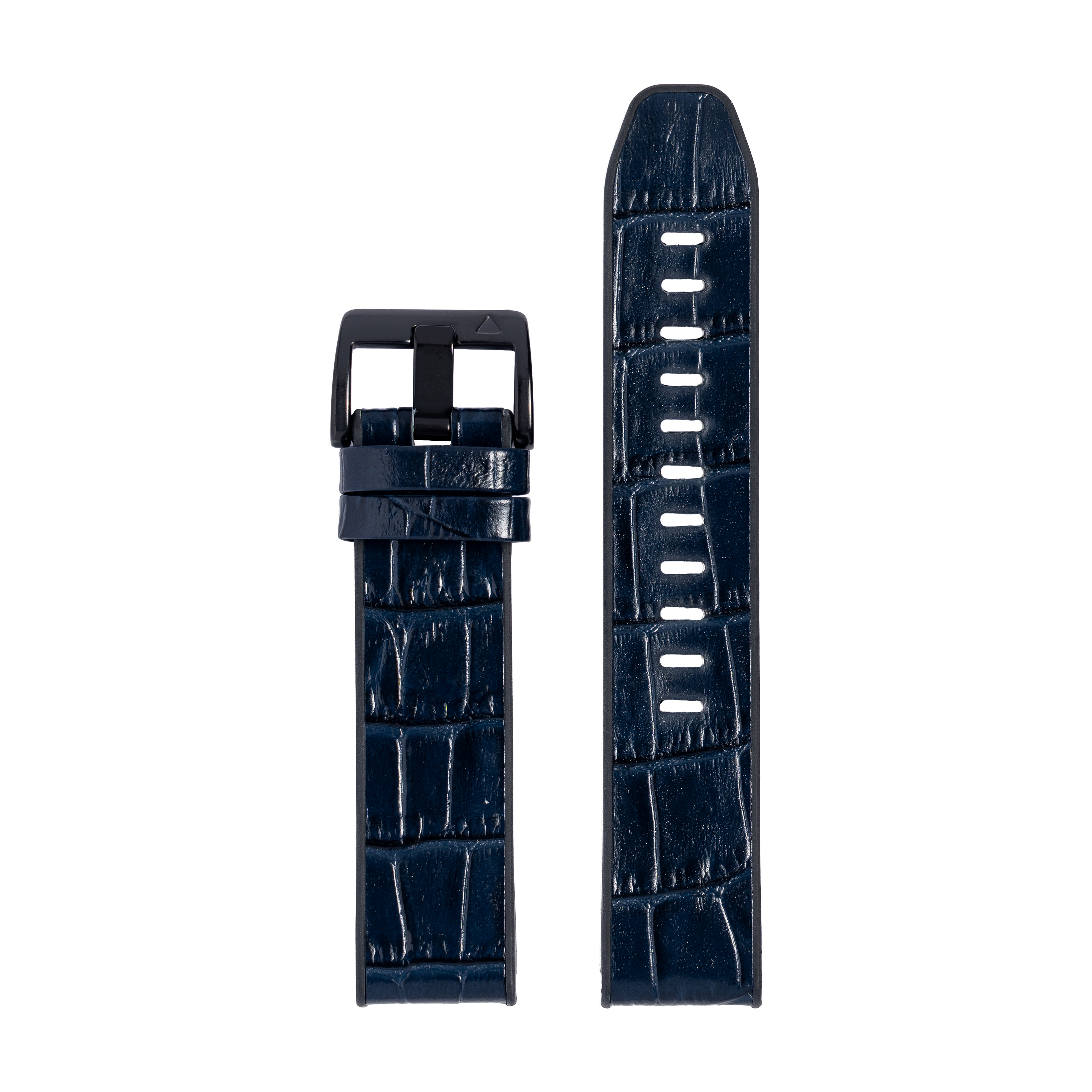 Navy alligator leather hybrid watch strap with black buckle and white stitching detail