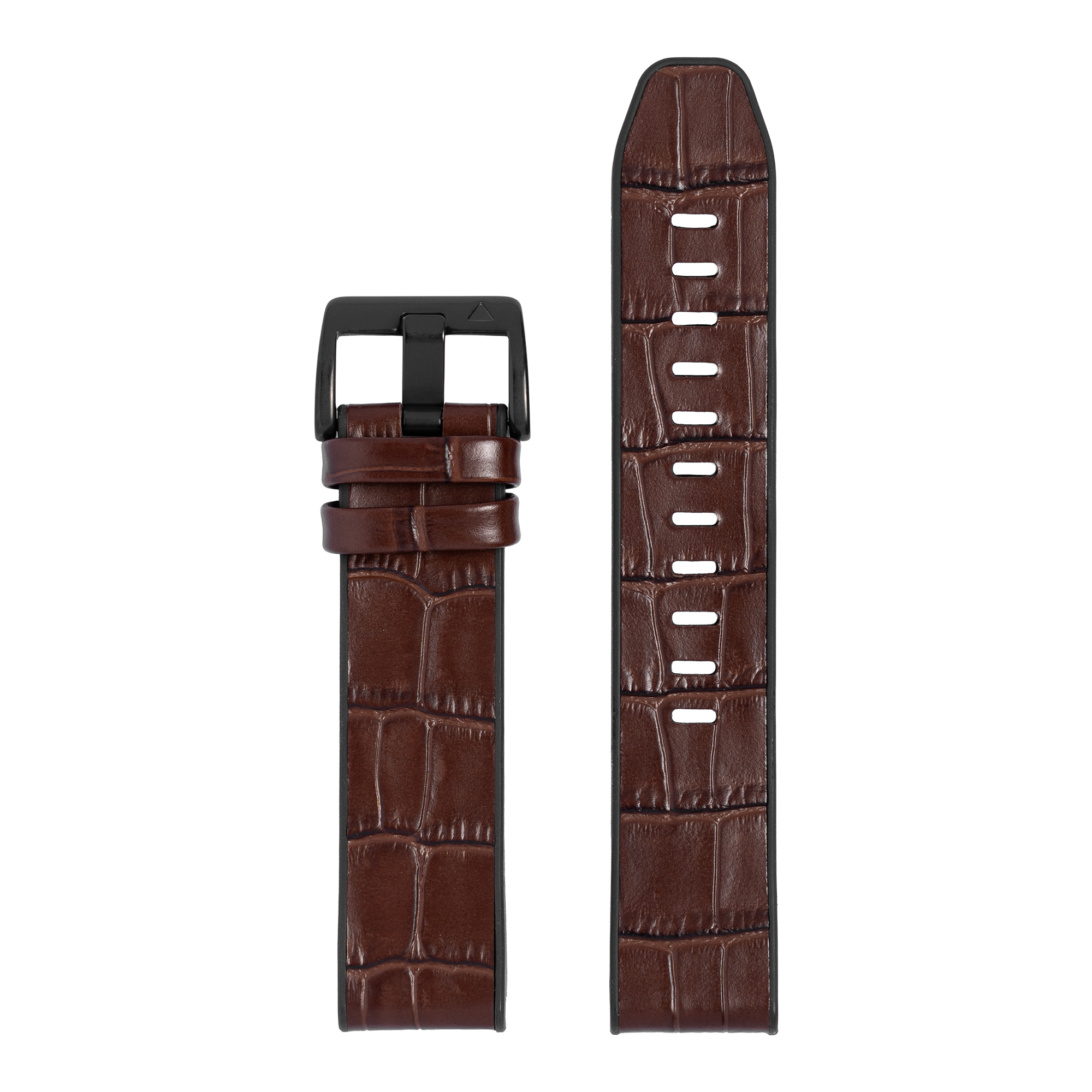Brown alligator leather hybrid watch strap with quick-fit system and black buckle, front and back view