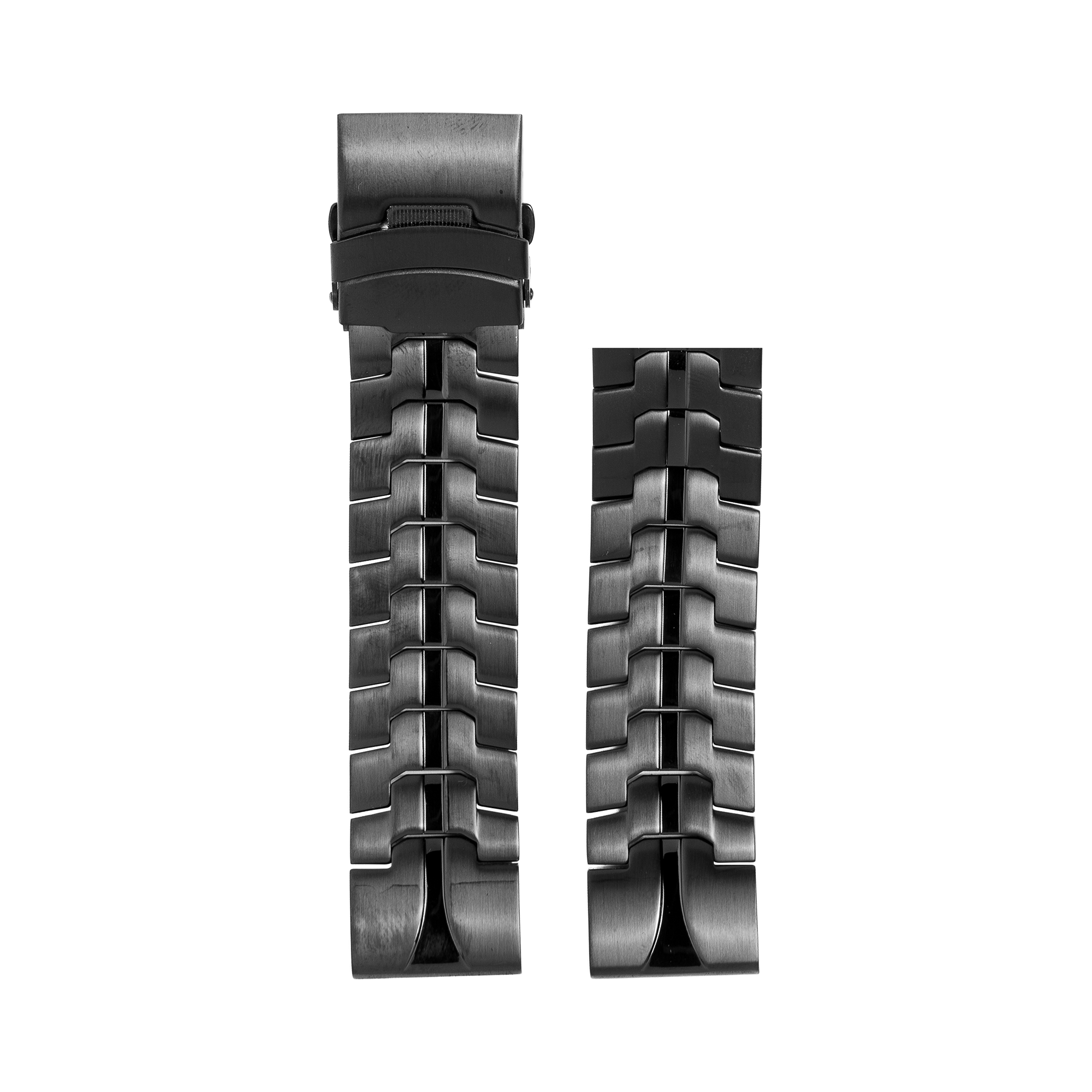 Black stainless steel QuickFit watch band with curved link segments and tool-free attachment system for quick replacement