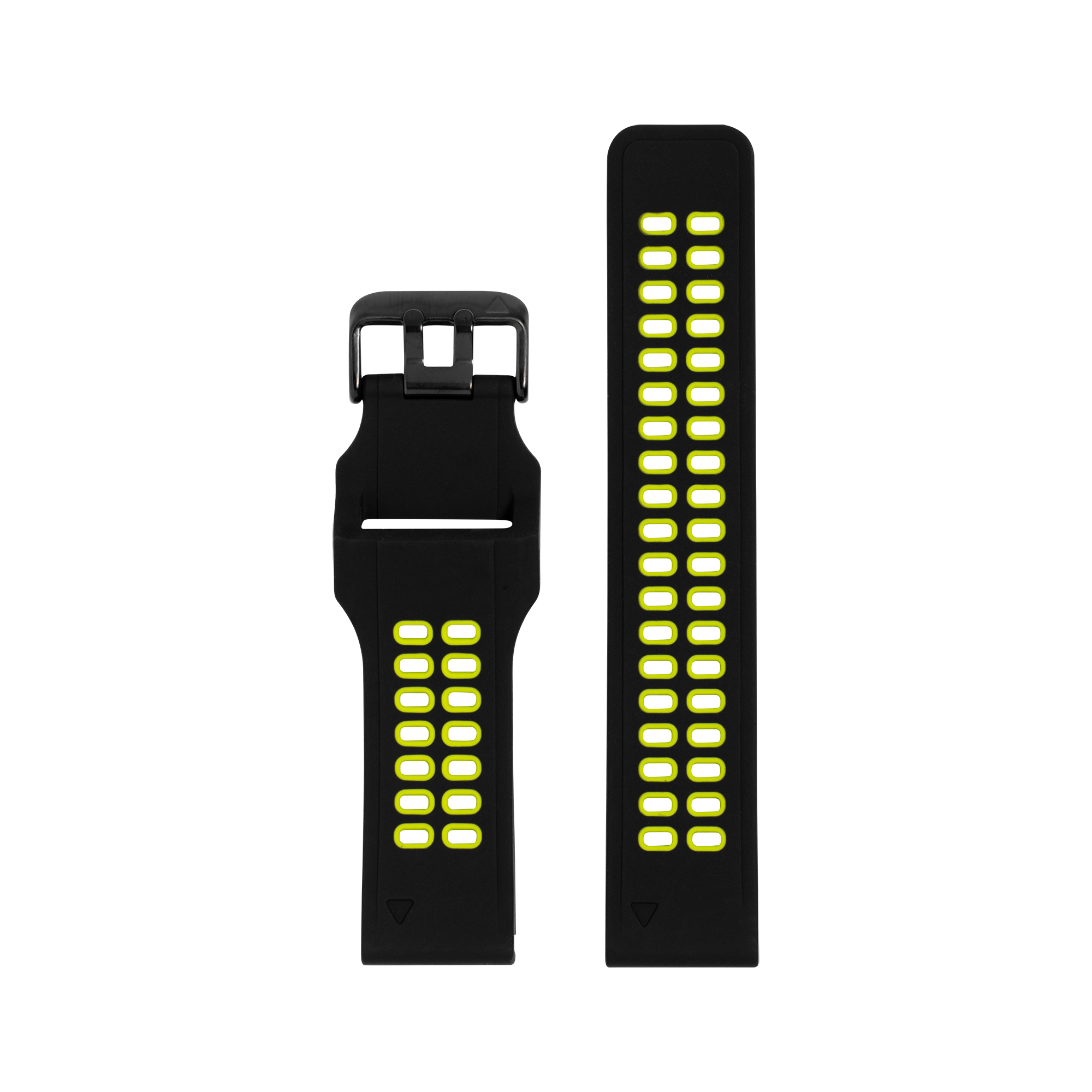 Black silicone sports watch band with neon yellow LED dot grid design, QuickFit 20mm connector, shown in two lengths