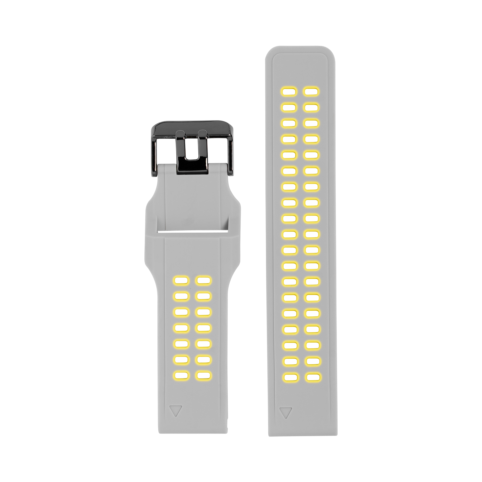 Gray silicone sports watch band with yellow dot markers and quick-fit 20mm connector clasp, shown folded and extended