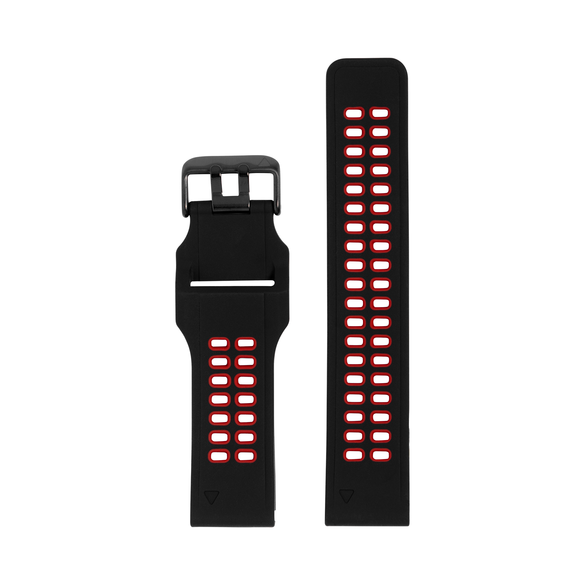 Black silicone sport watch band with red LED display buttons, quickfit 20mm connector, shown in two lengths