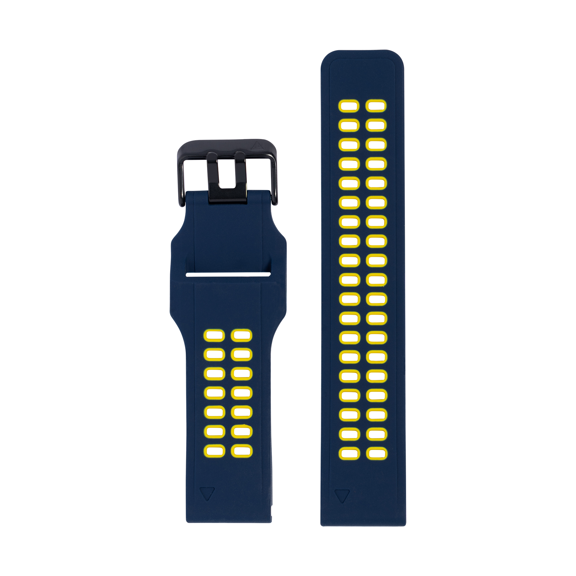 Navy blue silicone sports watch band with yellow grid pattern and black buckle, shown in two sizes