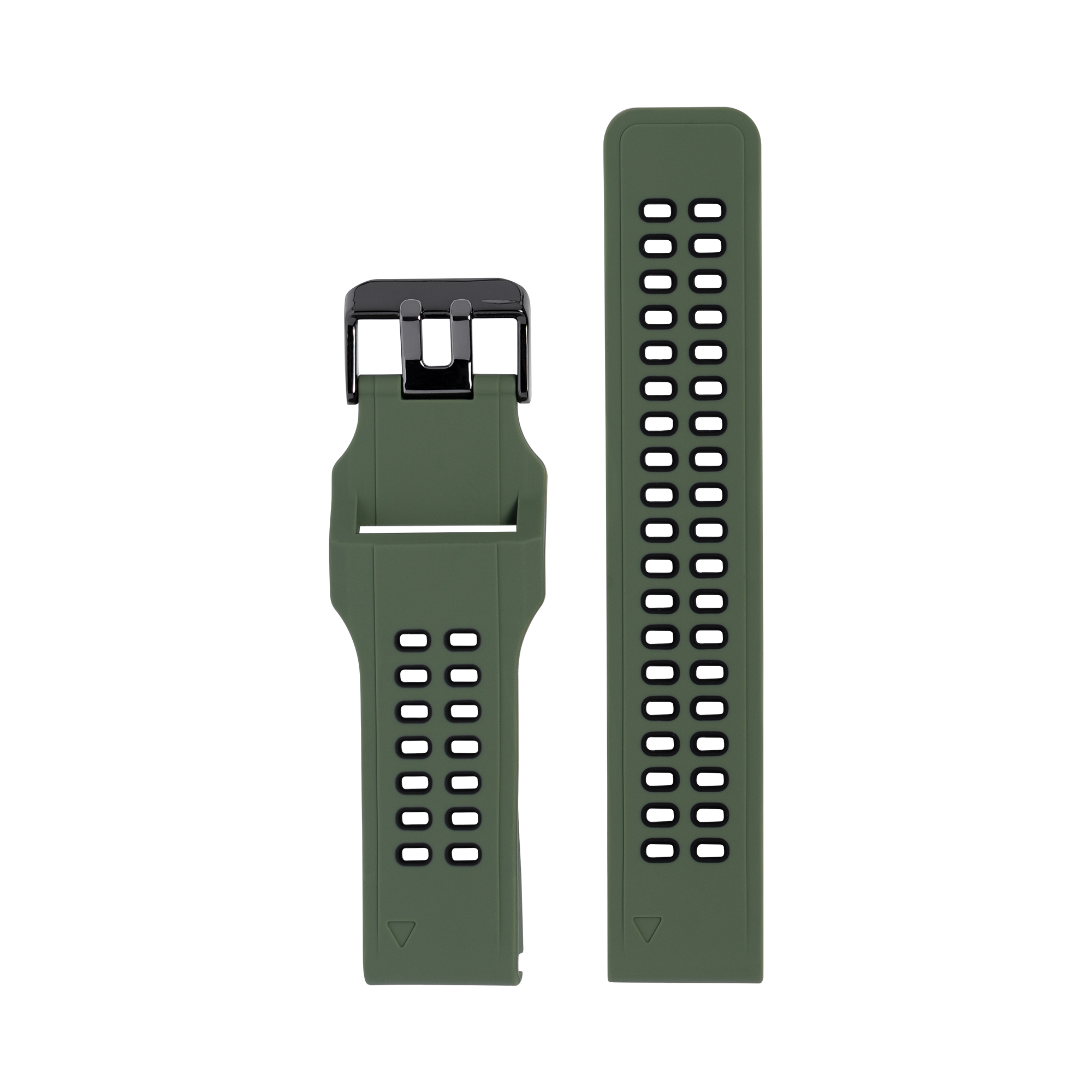 Army green silicone sports watch band with black buckle, quick-fit 20mm connector, shown assembled and separately