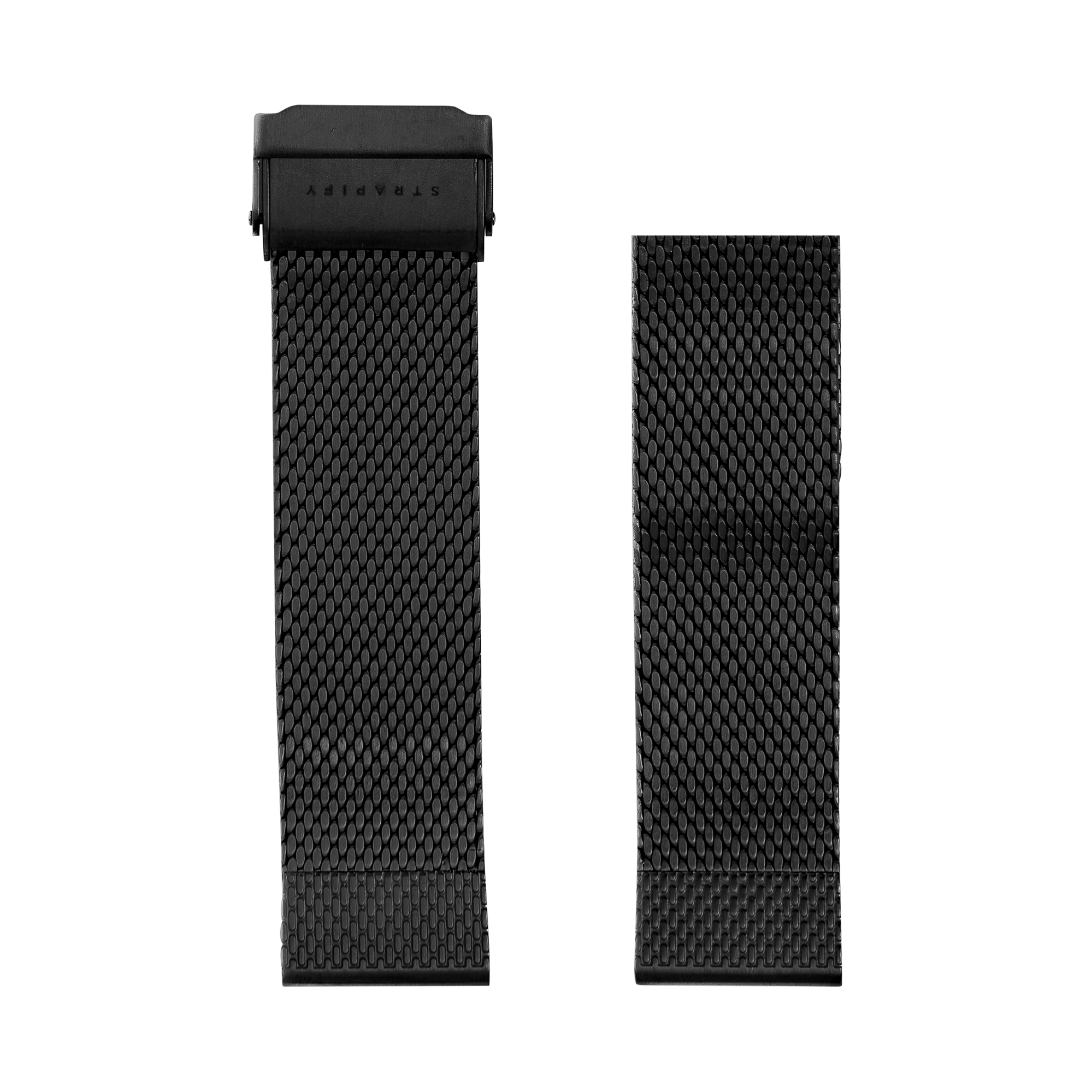Black mesh watch bands with QuickFit titanium clasp system, shown paired and separated for quick interchangeability