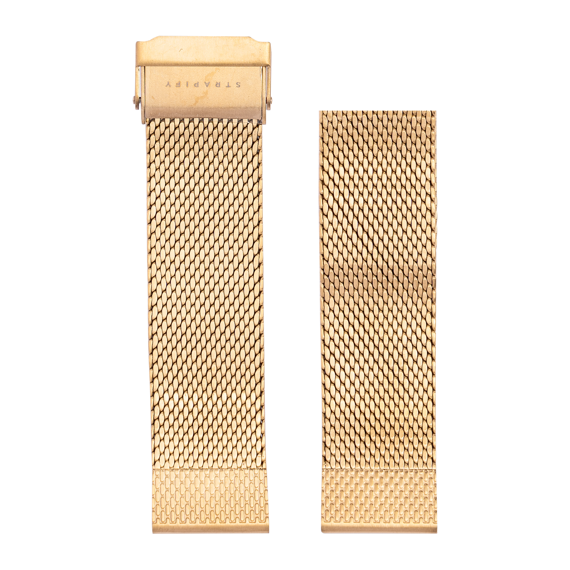 Gold Milanese mesh watch band with quick-fit clasps and titanium construction, shown with and without buckle clasp