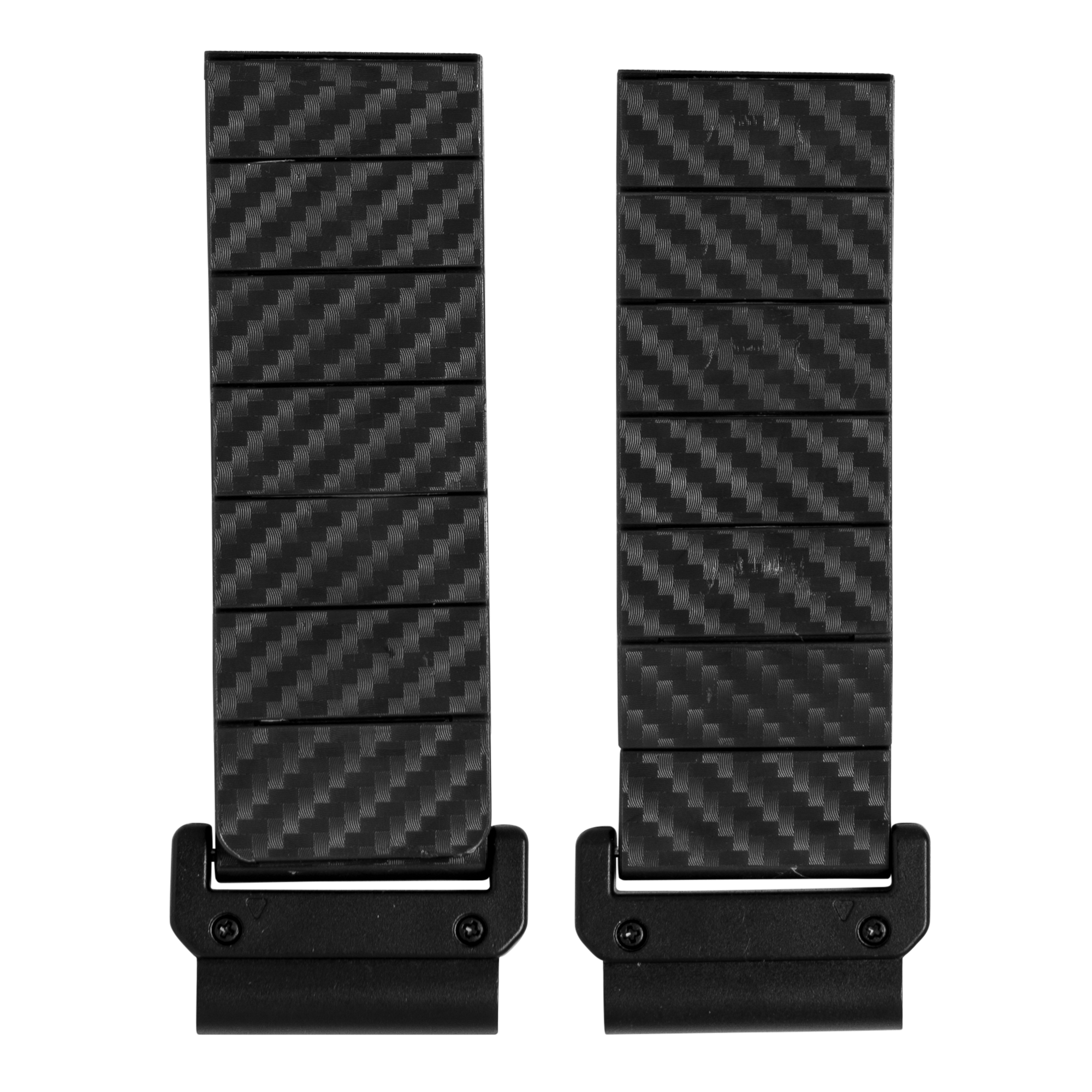 Pair of black carbon fiber magnetic bracelets with diagonal weave pattern and quick-fit clasps