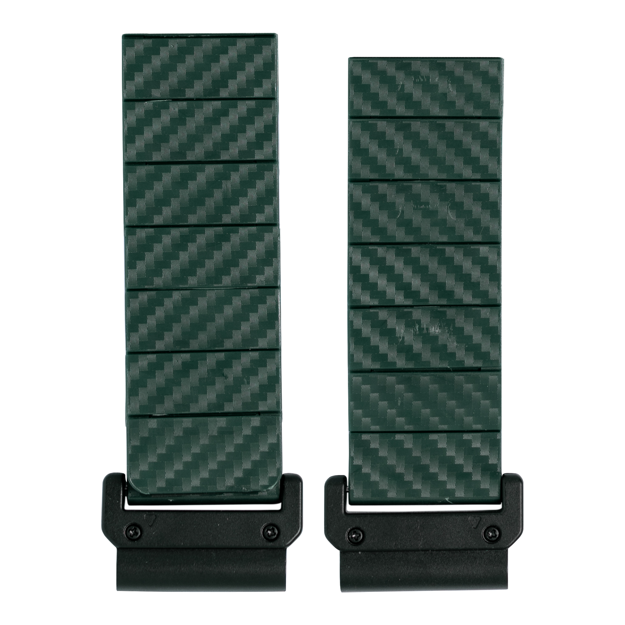 Pair of green carbon fiber magnetic bracelets with black QuickFit connectors and segmented design for adjustable sizing