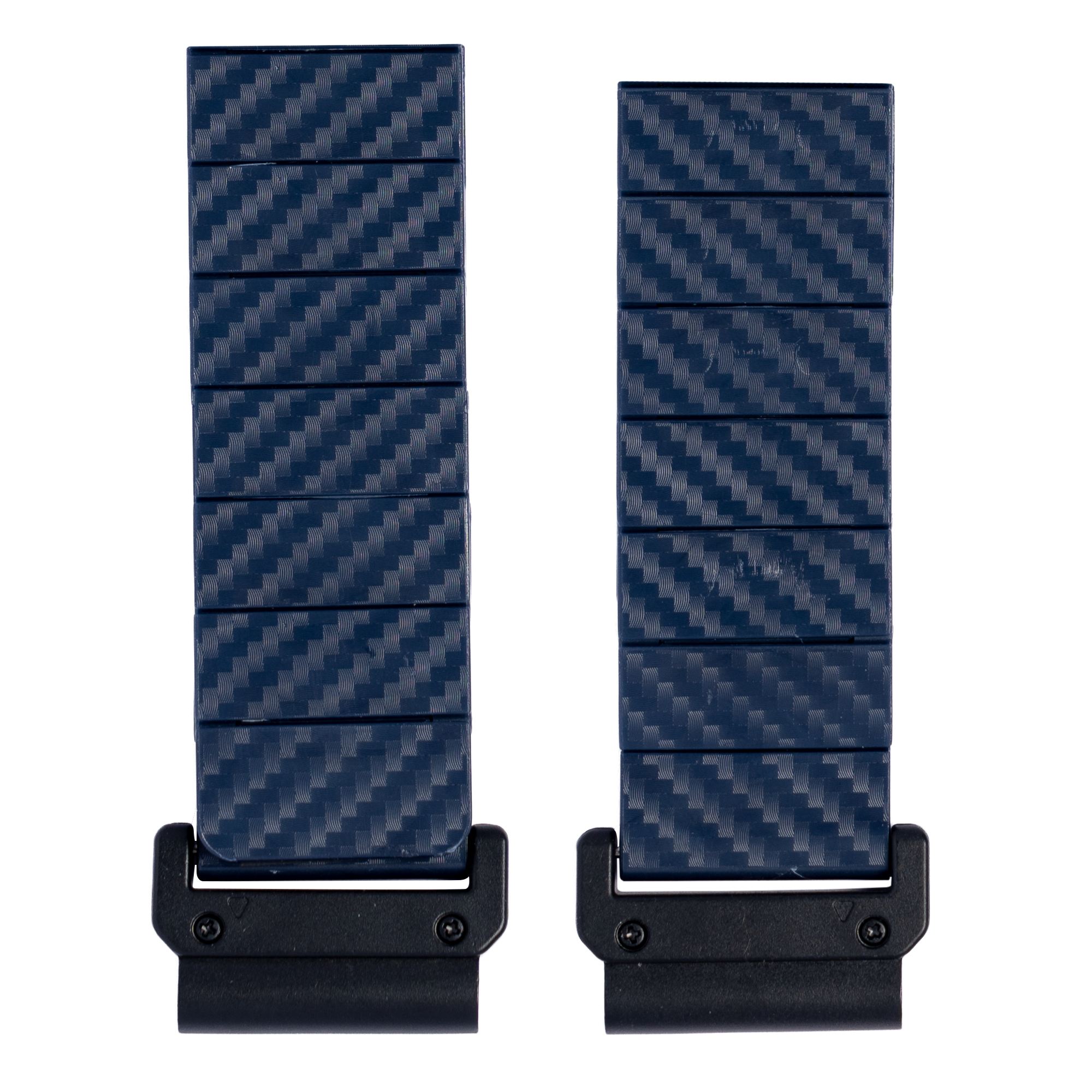 Blue carbon fiber QuickFit magnetic bracelet band with black stainless steel connectors, front and back view