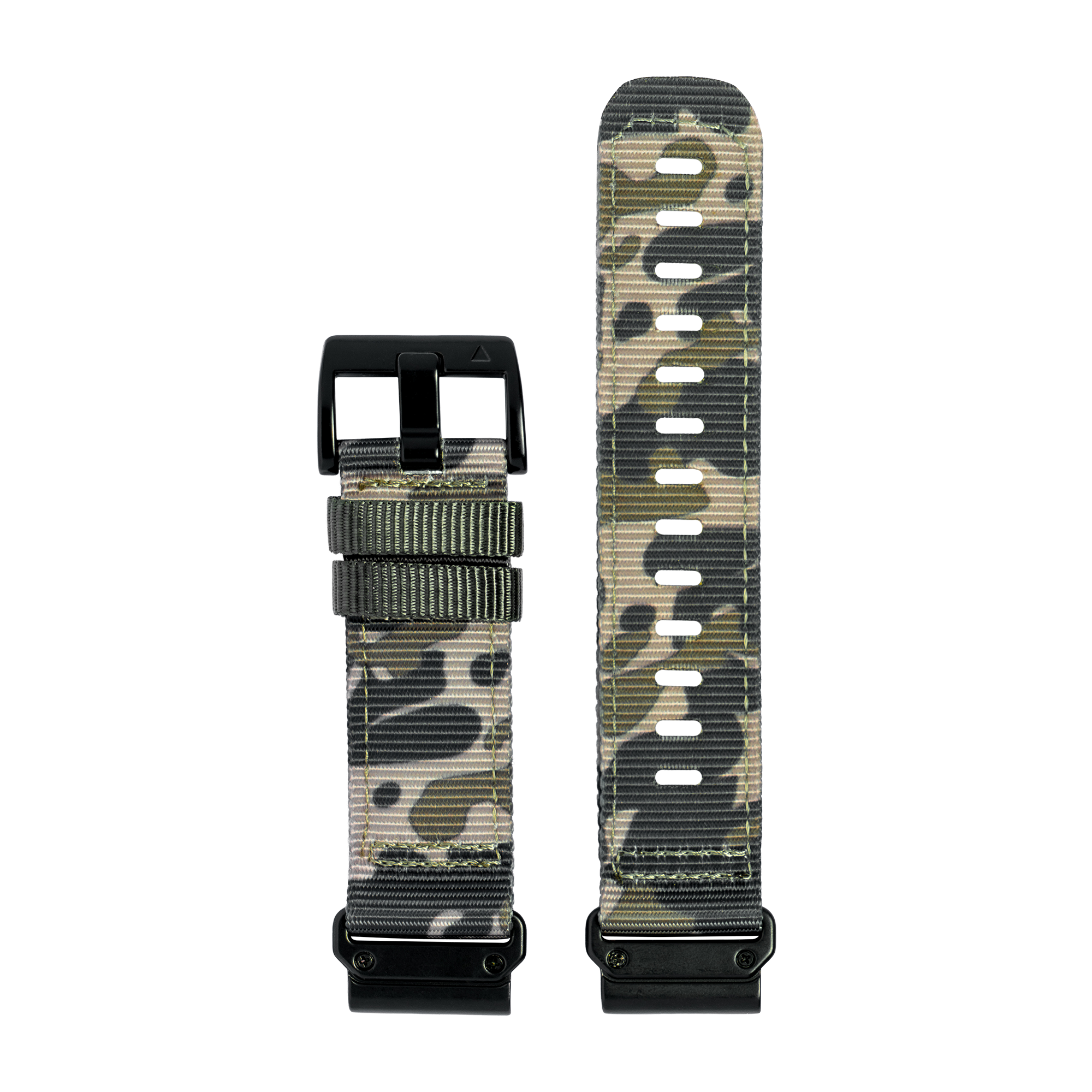 Camouflage QuickFit watch strap with black buckle and nylon band featuring ventilation holes