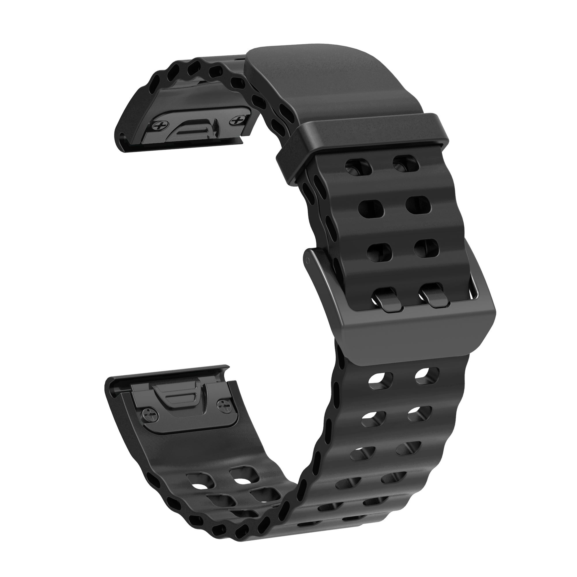 Black silicone sport watch band with quick-fit connectors and ventilation holes for breathability