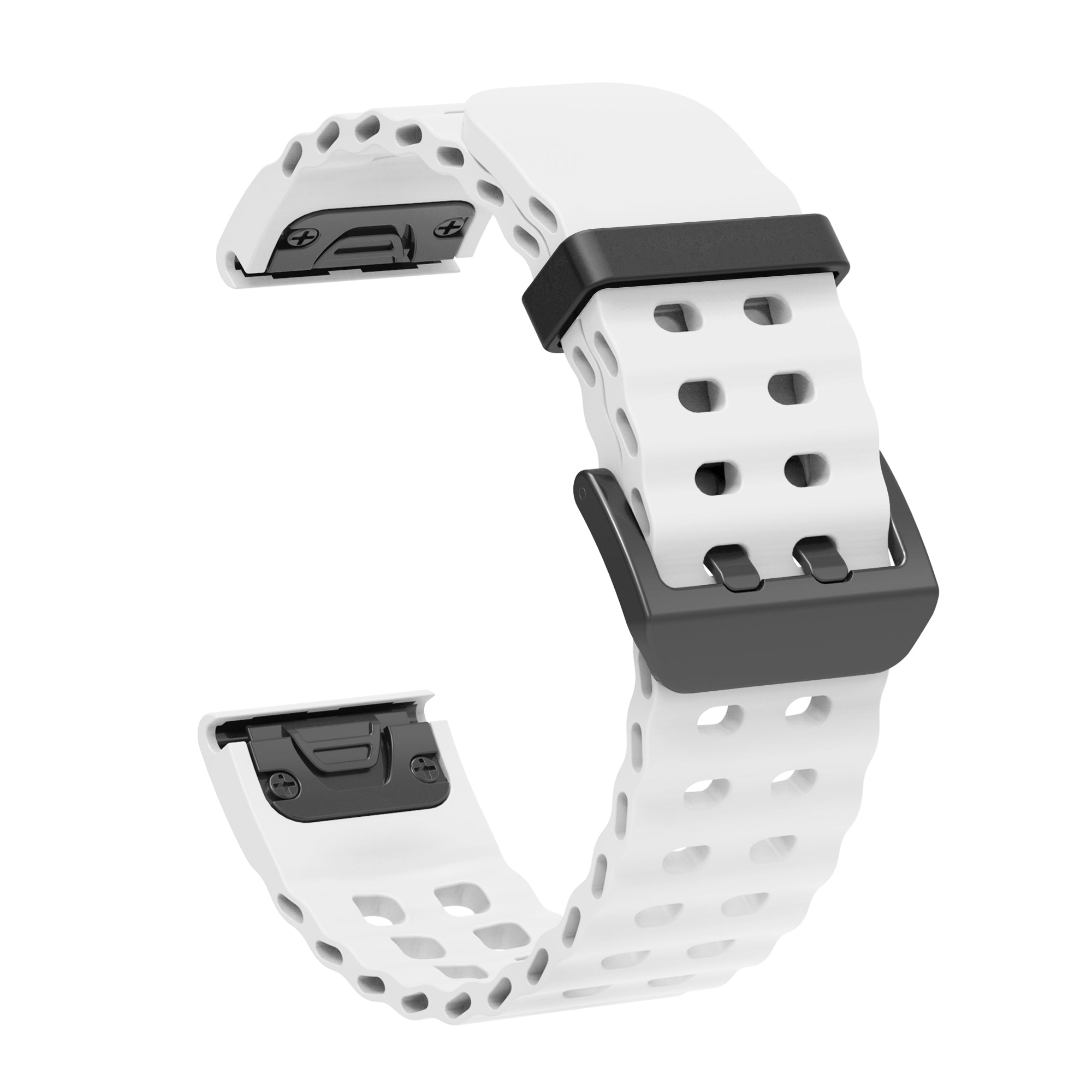 White silicone sport watch band with quick-release pins, black hardware, and ventilation holes for breathable comfort