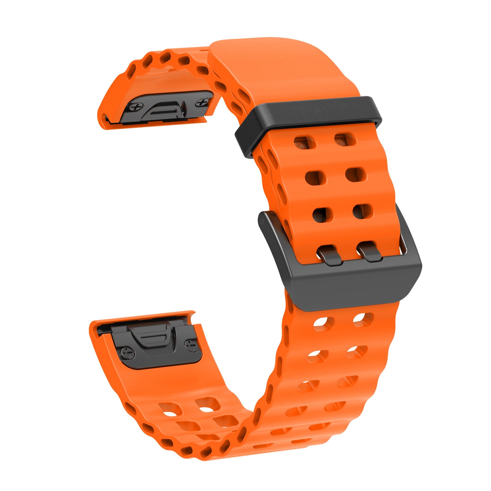 Orange silicone smartwatch band with perforated design, quick-fit connectors and black buckle closure