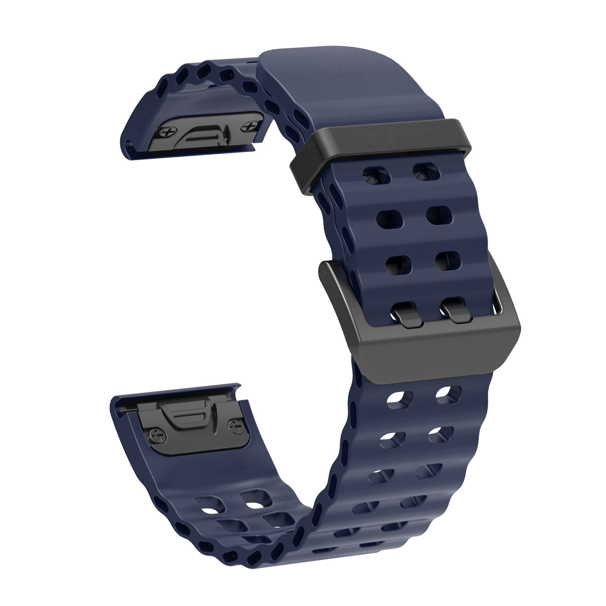 Navy blue silicone watch band with quick-fit connector and perforated design for breathability and comfort