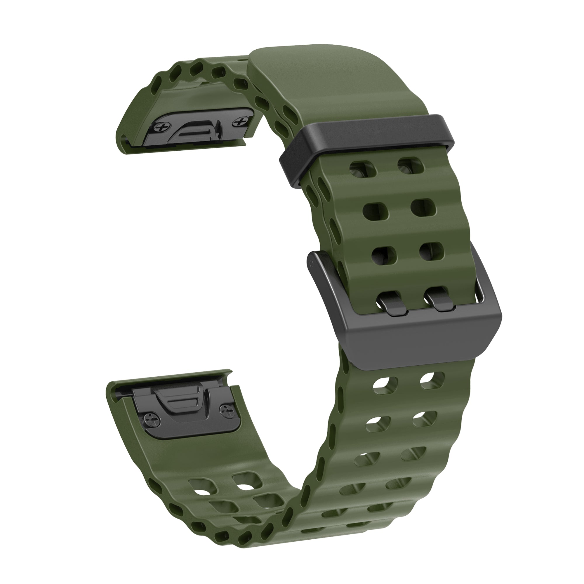 Olive green silicone smartwatch band with black buckle clasp and ventilation holes, quick-release design