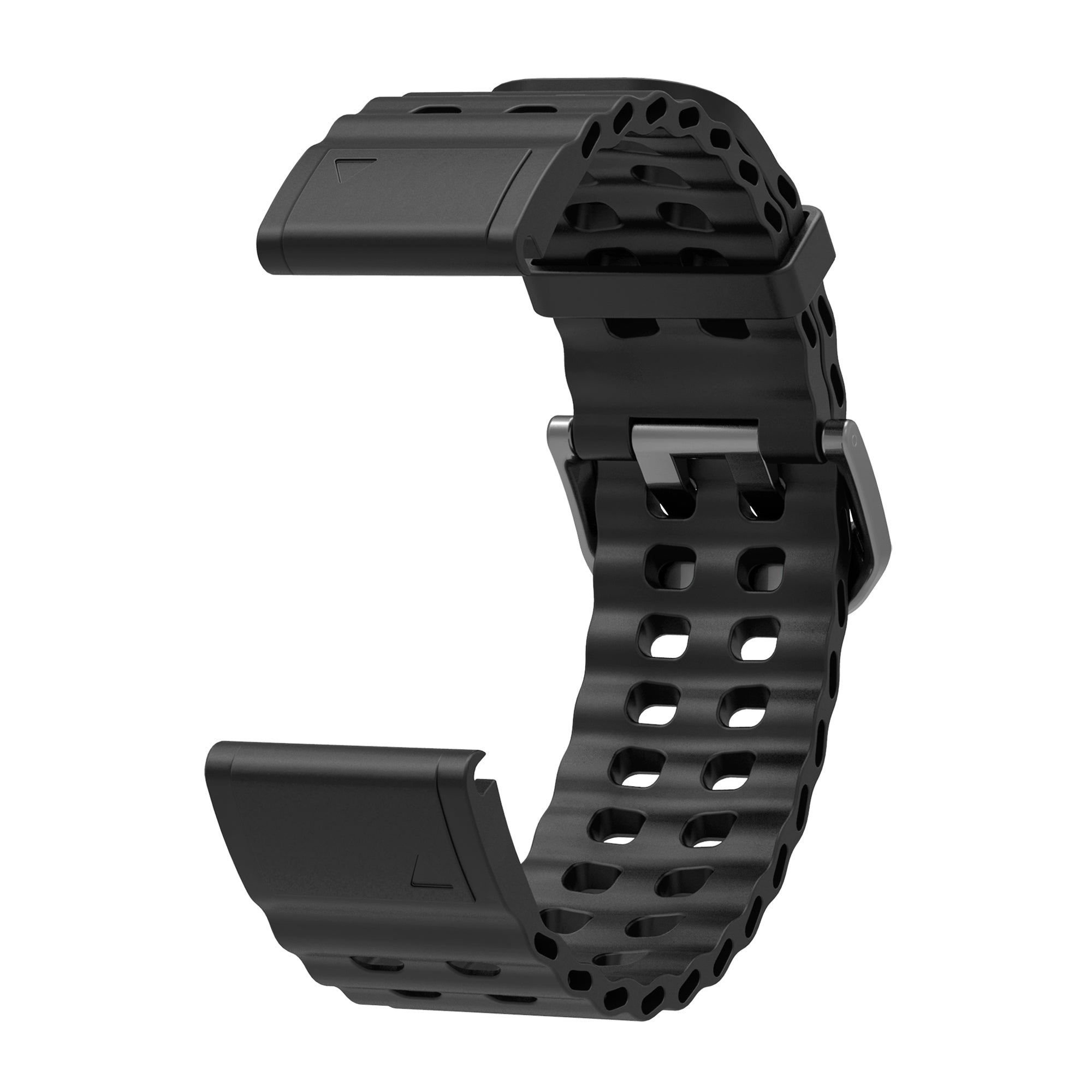 Black perforated silicone QuickFit smartwatch band with quick-release connector and ventilation holes for breathability