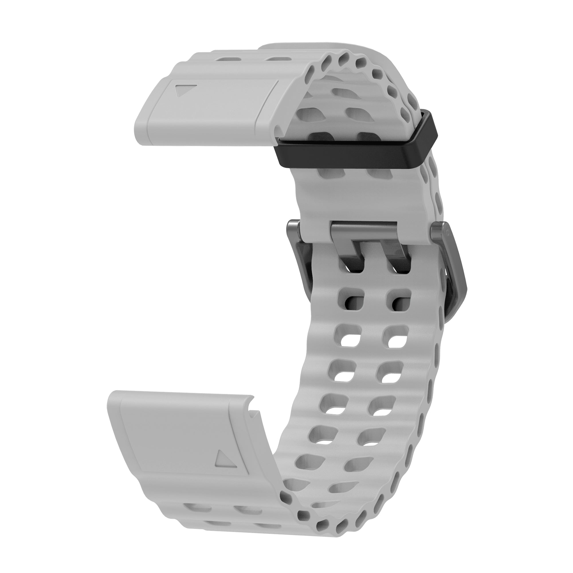 Gray perforated silicone QuickFit watch band with black metal connector clasp and quick-release mechanism