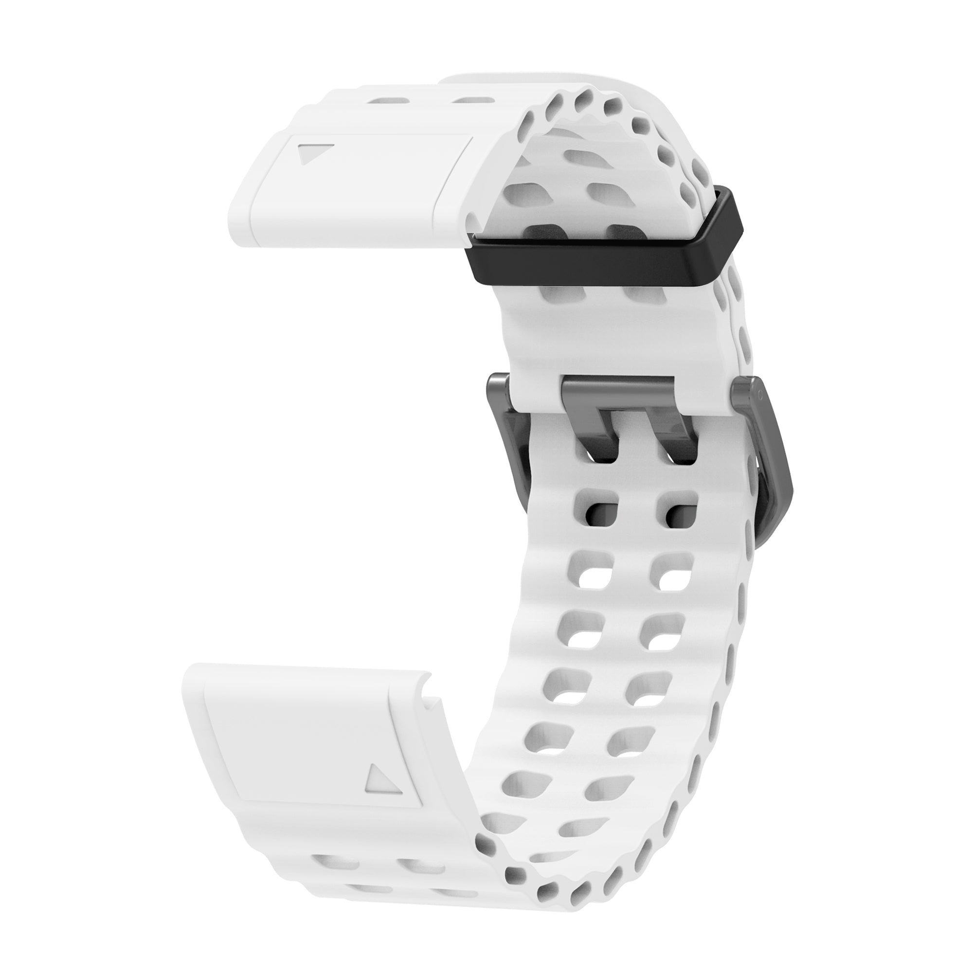 White silicone sports watch band with perforated design and quick-fit connector for breathable athletic wear