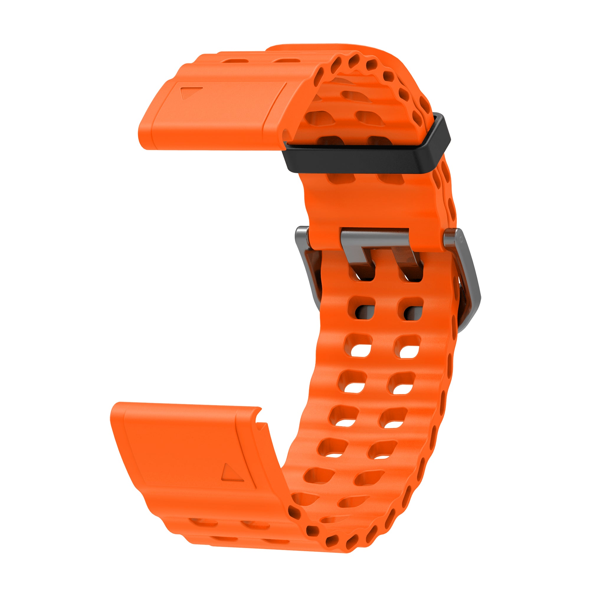 Bright orange silicone quickfit watch band with perforated ventilation holes and black connector hardware for sports watches