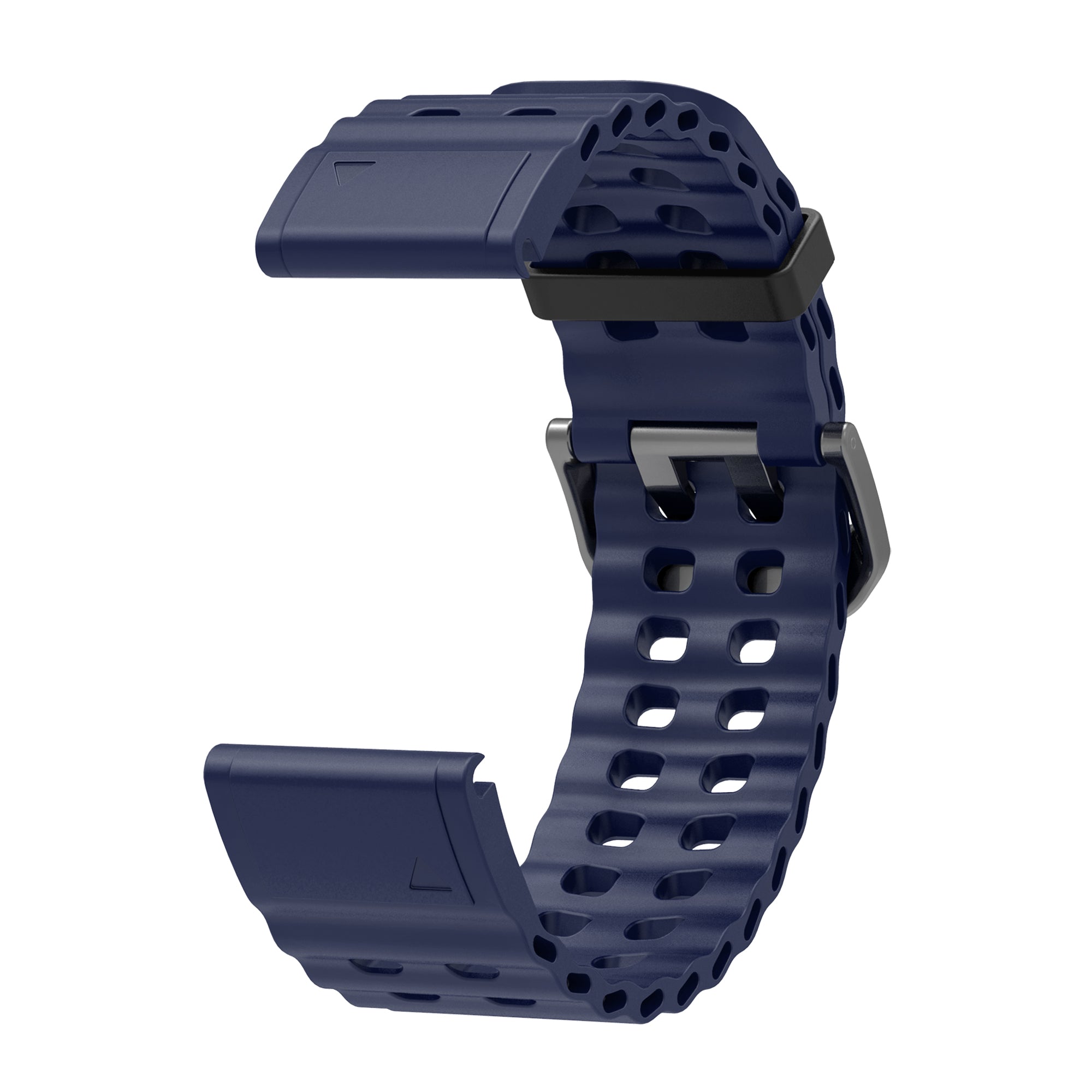Navy blue silicone sport watch band with perforated holes, metal buckle, and quick release connector for Garmin fitness watches