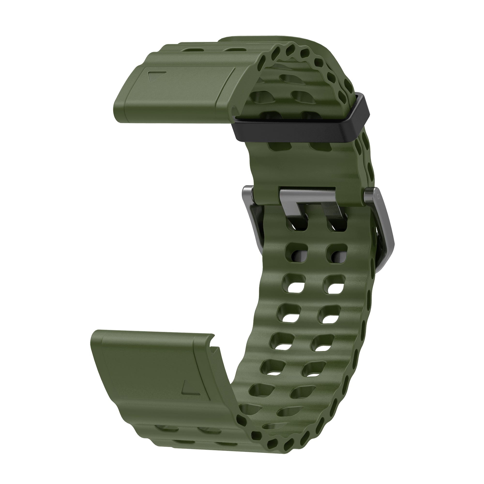 Olive green silicone smartwatch band with quick-fit connector and ventilation holes for Garmin sports watches