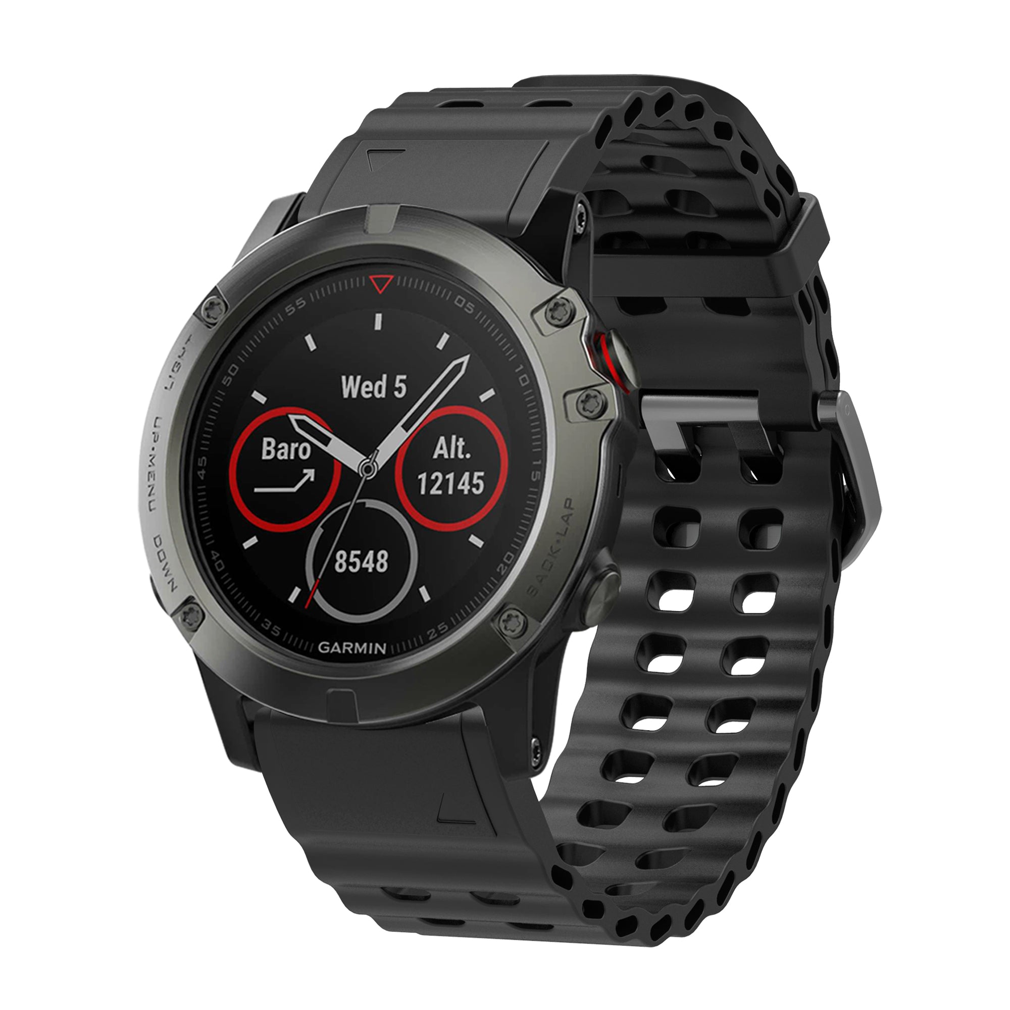 Garmin sports smartwatch with black silicone band, red digital displays showing barometer and altitude data, titanium bezel, and perforated strap