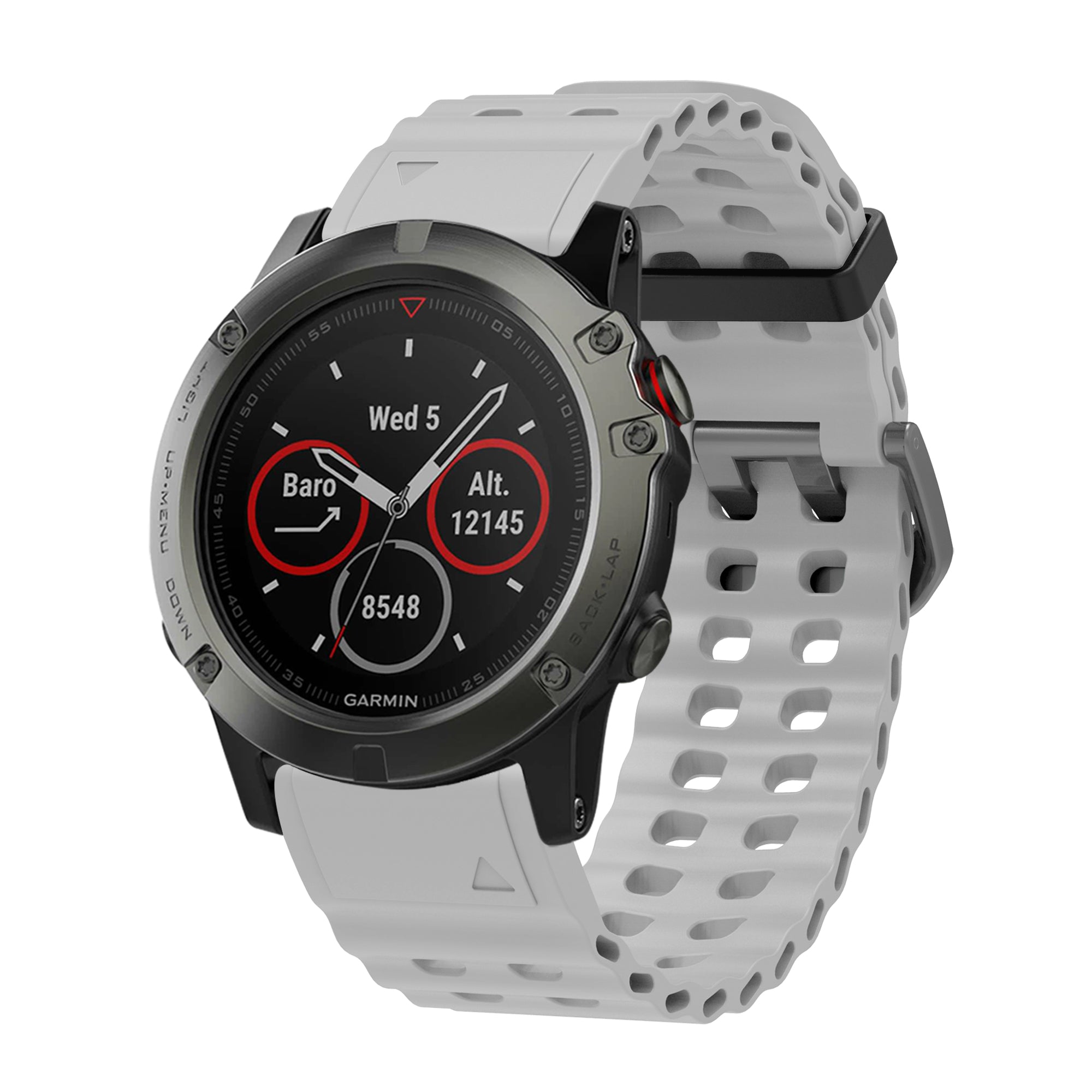 Garmin smartwatch with black dial, red accents, and white perforated silicone QuickFit band displaying barometer and altitude metrics