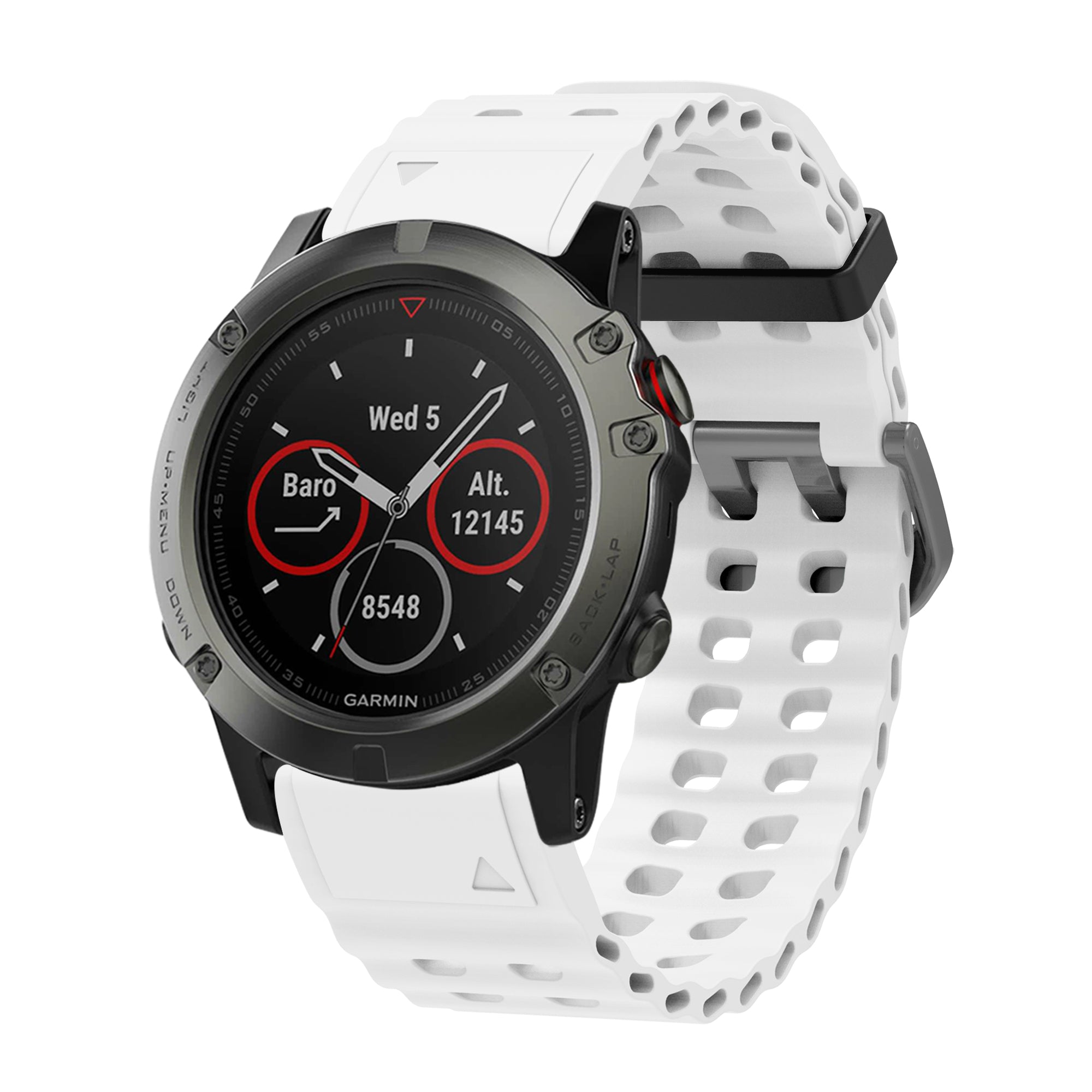 Garmin sports smartwatch with black dial, red accents, white silicone QuickFit band, displaying barometer and altitude metrics