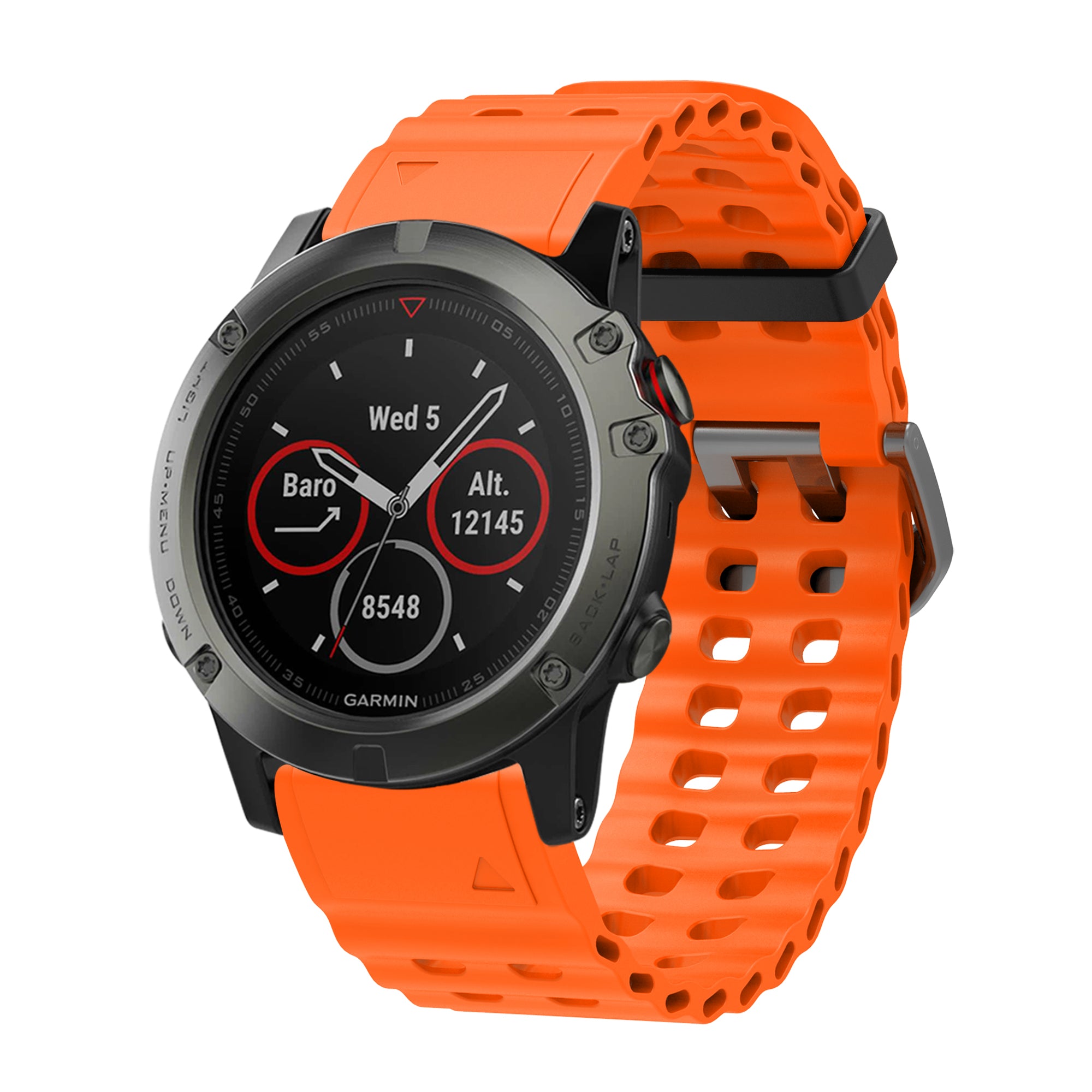 Garmin sports smartwatch with black dial, red accents, and bright orange silicone QuickFit band displaying barometer and altitude metrics