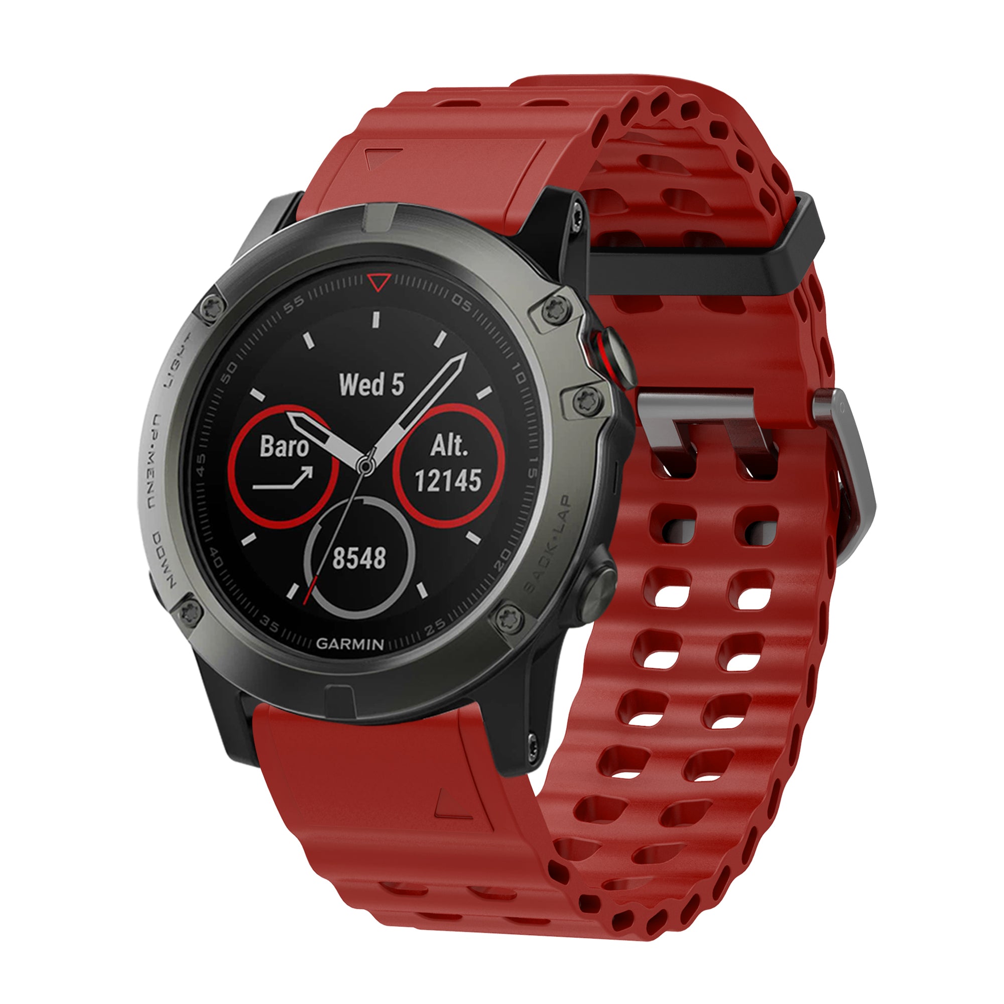 Garmin fenix 5X Plus multisport smartwatch with red silicone band displaying barometer and altitude data
